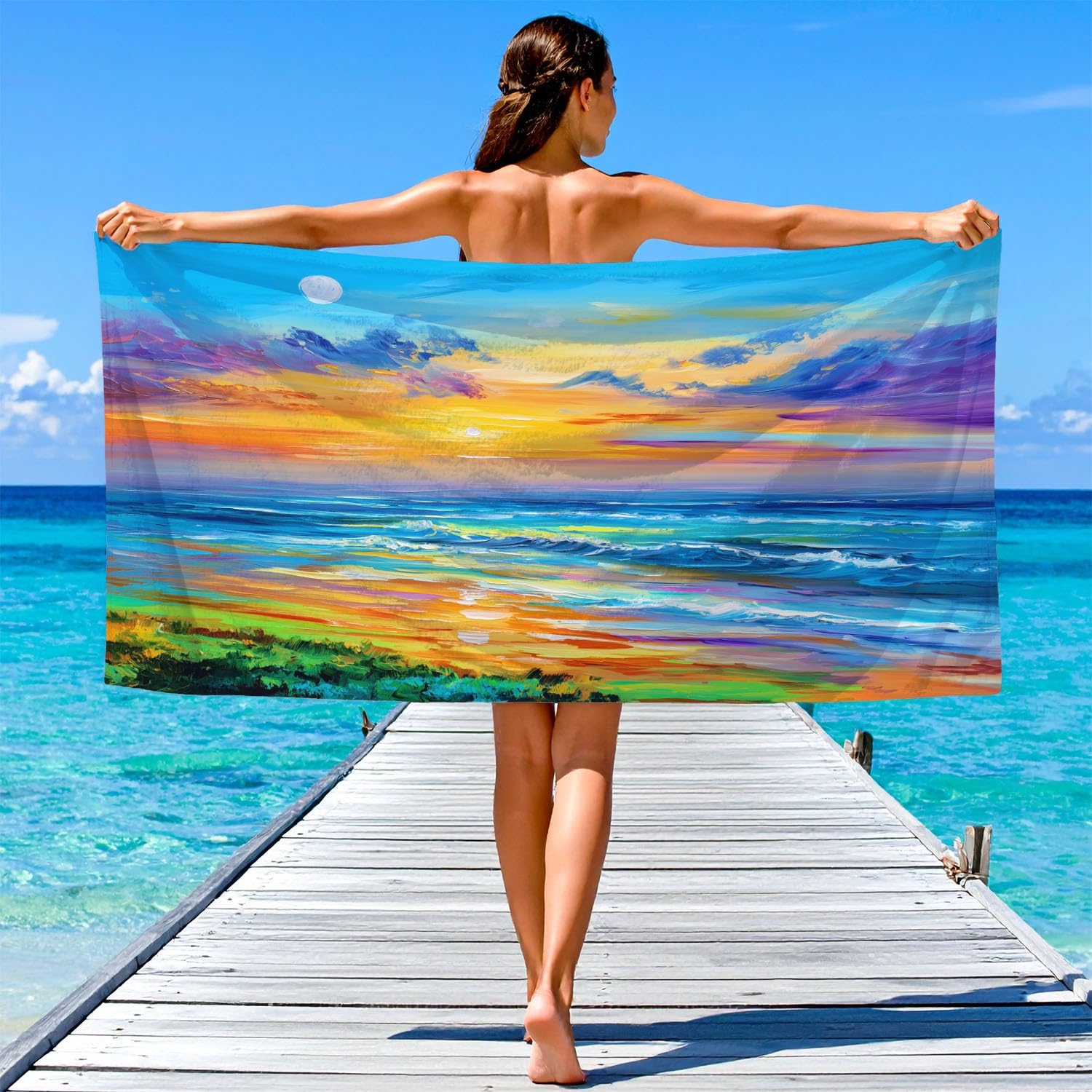 Générique Grande Serviette de Plage 200 x 100 CM,Drap de Plage Microfibre,Couverture de Plage Absorbante Rapide pour Coucher Soleil Océan Bateau Plantes Pittoresque Mer Vague Nature Éclatante