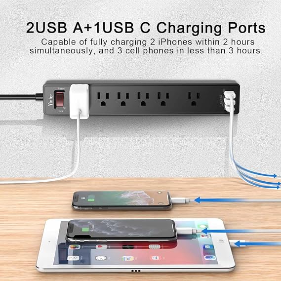 Yintar 6Ft Surge Protector Power Strip with 6 Outlets & 3 USB Ports, Black | 6 Feet Flat Plug Extension Cord with Multiple Outlets for Home, Office, Dorm Essentials, 1680 Joules, ETL Listed