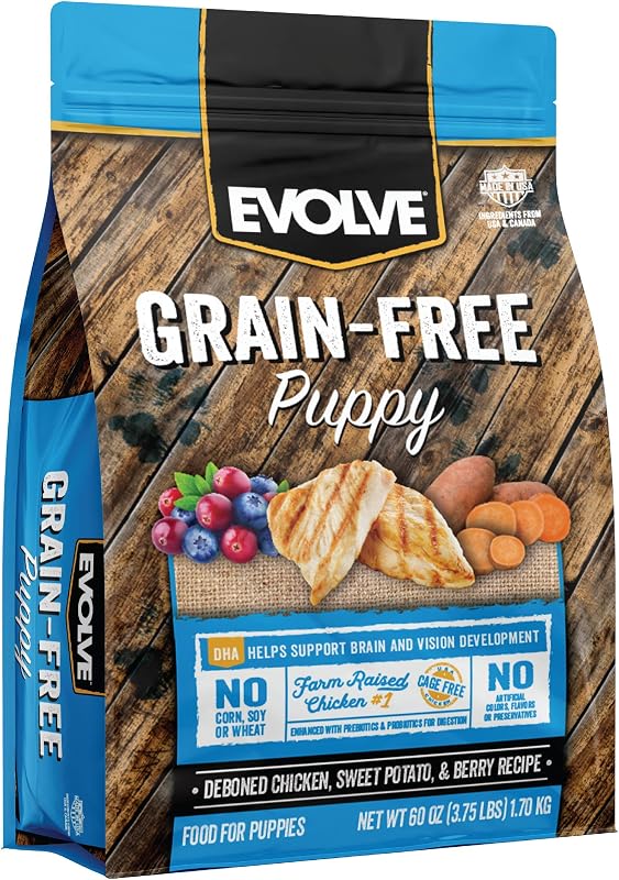 Ração seca Grain Free para filhotes Evolve com frango desossado, batata-doce e frutas vermelhas — aproximadamente 1,81 kg