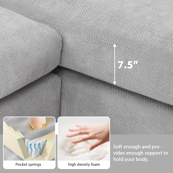 Sectional Sofa Couch, 119x55 Oversized L-Shaped Luxury Couch Set 5-seat Comfy Chenille Sofa with Chaise, 2 Free Pillows, Indoor Furniture for Living Room, Apartment, Office, Light Grey