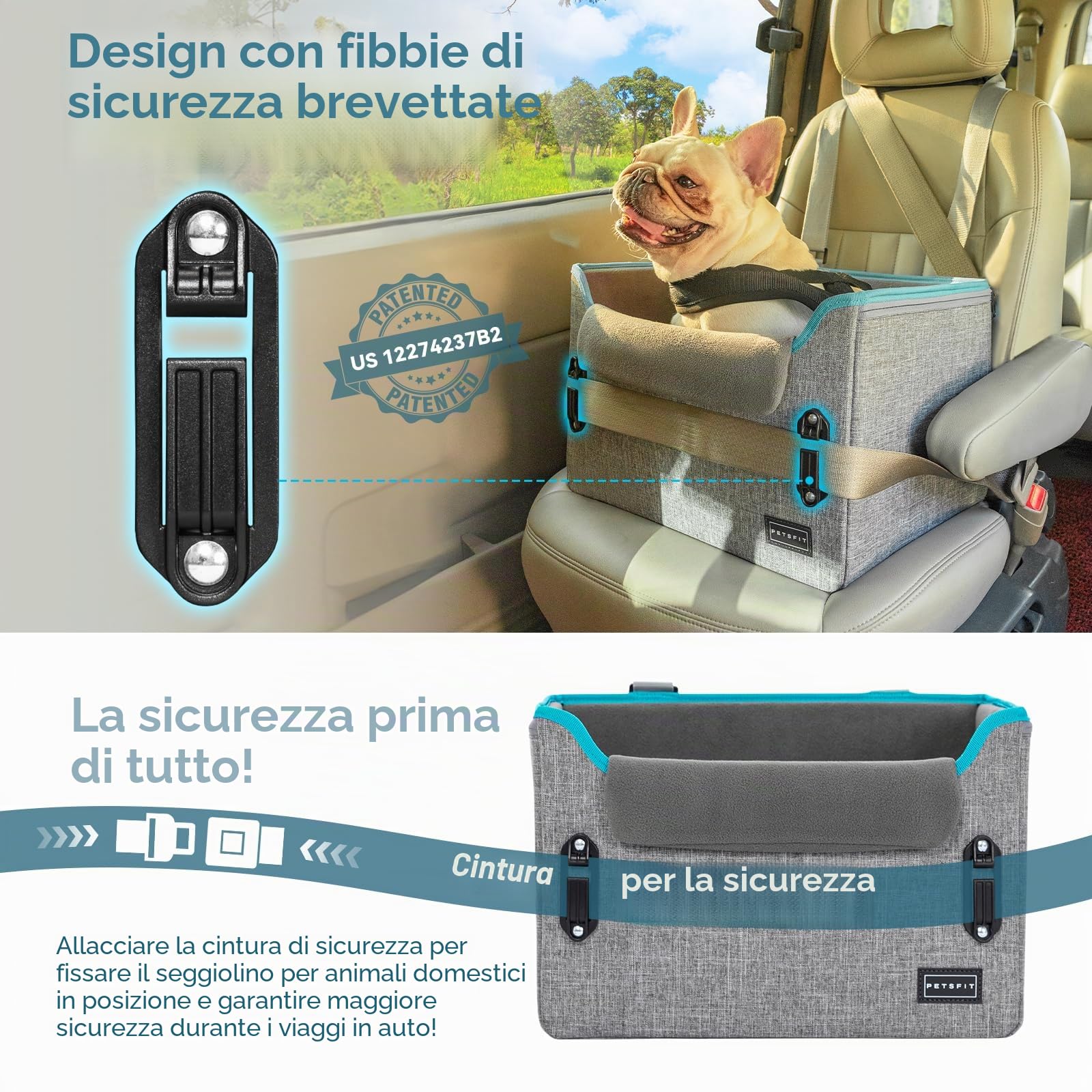 Petsfit Seggiolino Auto Trasportino per cani piccoli,Seggiolino cane auto anteriore con clip di sicurezza per la cintura e cuscino in peluche per cani piccoli fino a 6 kg