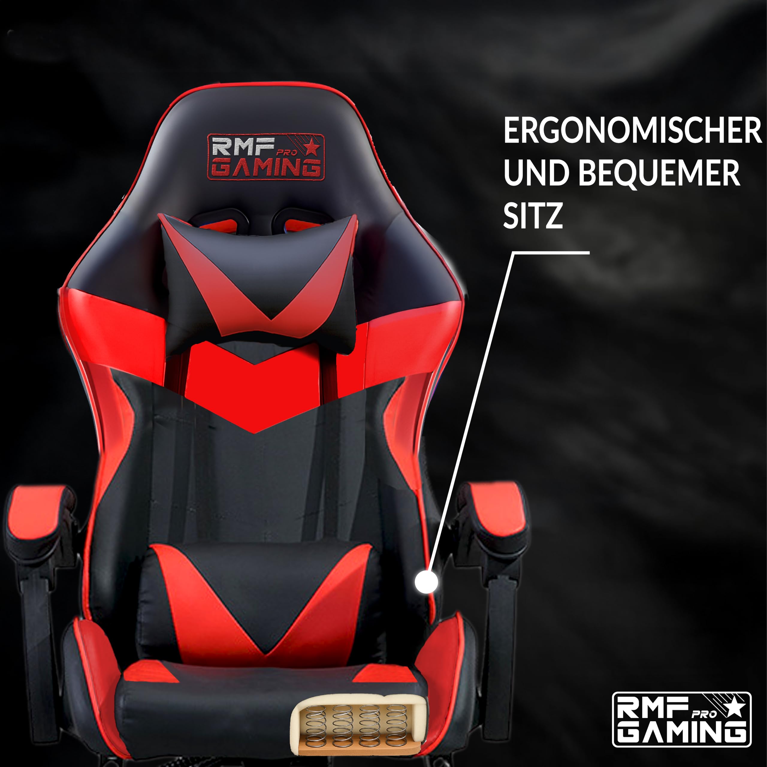 RMF Sedia Gaming Professionale Ergonomica Reclinabile, Poltrona Gaming Seduta Comoda e Rilassante con Poggiapiedi - Sedia per Gamer con Ruote Girevoli, Altezza Regolabile Rosso/Nero