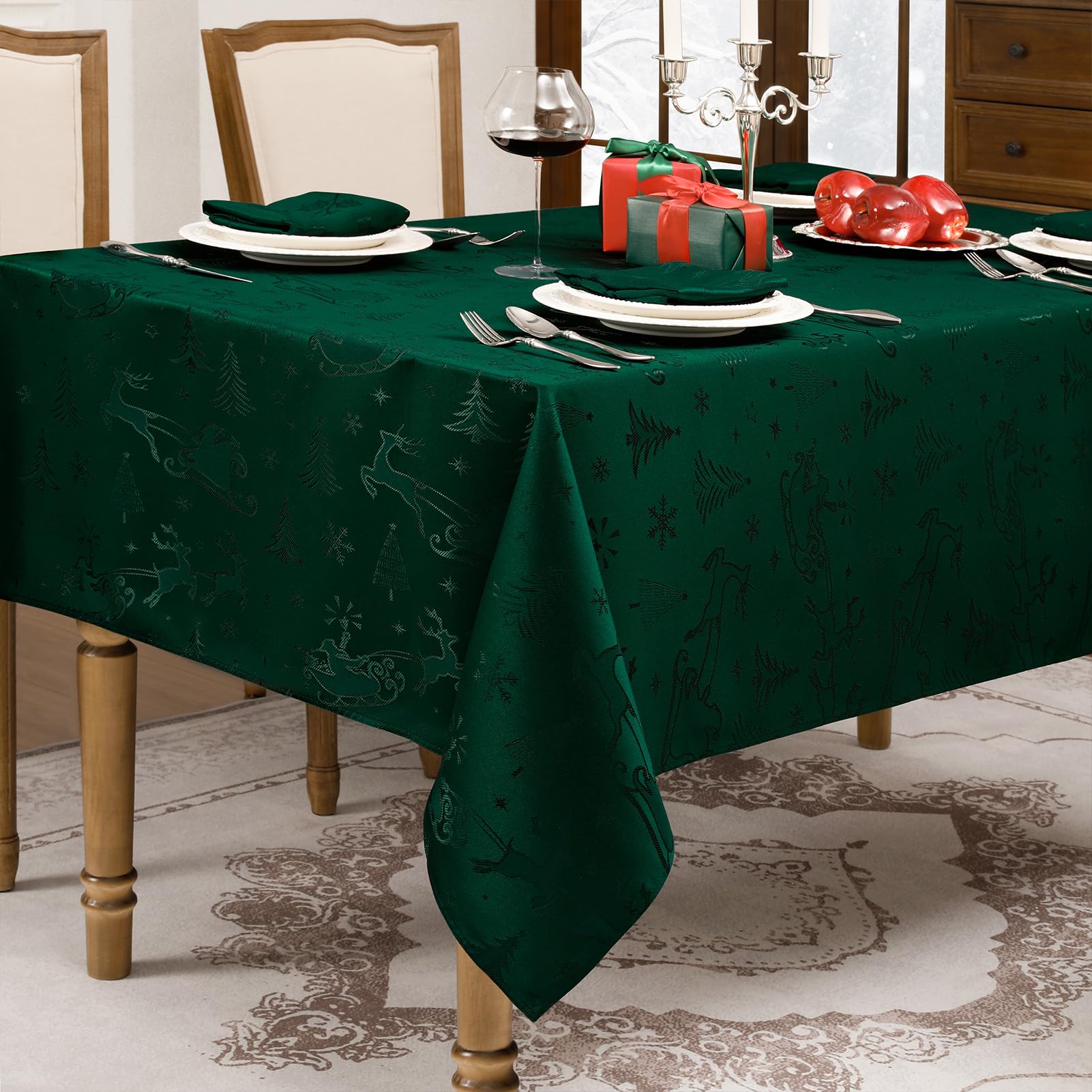 Romanstile Mantel de Navidad verde 350 x 150 cm, grande, lavable e impermeable, jacquard reno y árbol de Navidad, rectangular, XXL, mantel para vacaciones, decoración de Navidad, fiesta, fiesta