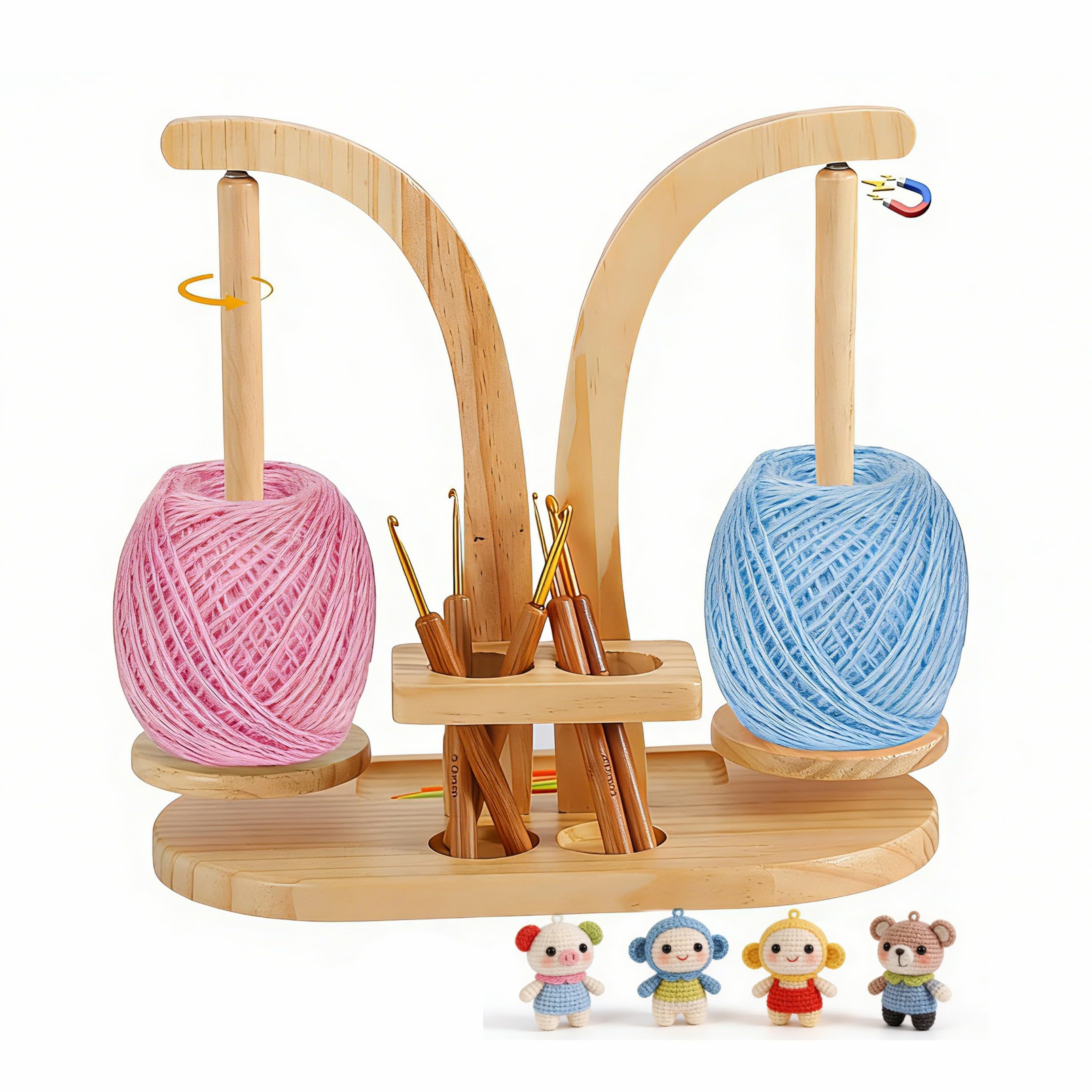 GAESHOW Yarn Holder, Magnetic Wool Holder, Wooden Yarn Spinner, Rotating Double Yarn Ball Holder Stand, Yarn Winder with Knitting Accessories Organizer for Knitting Crochet Lovers