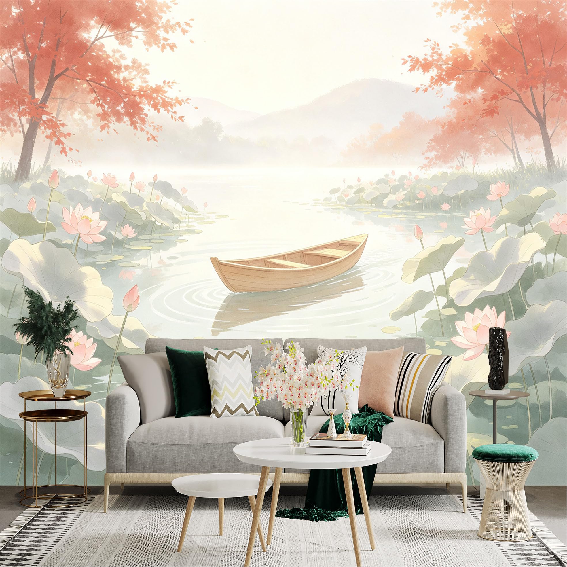 Custom Size Wall Sticker Mural， Wooden Boat on Misty Pond， Pink Lotus Flowers and Ducks， Serene Autumn Forest Landscape， for wall Decoration， peelandstick wall Decals.