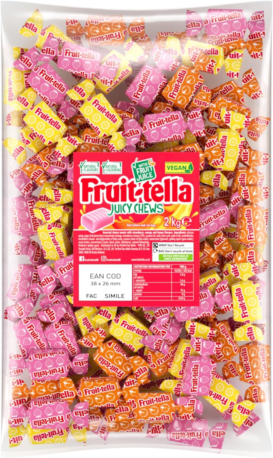 Fruittella Juicy Chews - Vegan Friendly Party Sweets & Variety Pack with Strawberry, Orange & Lemon Flavours - 2KG Bulk Bag