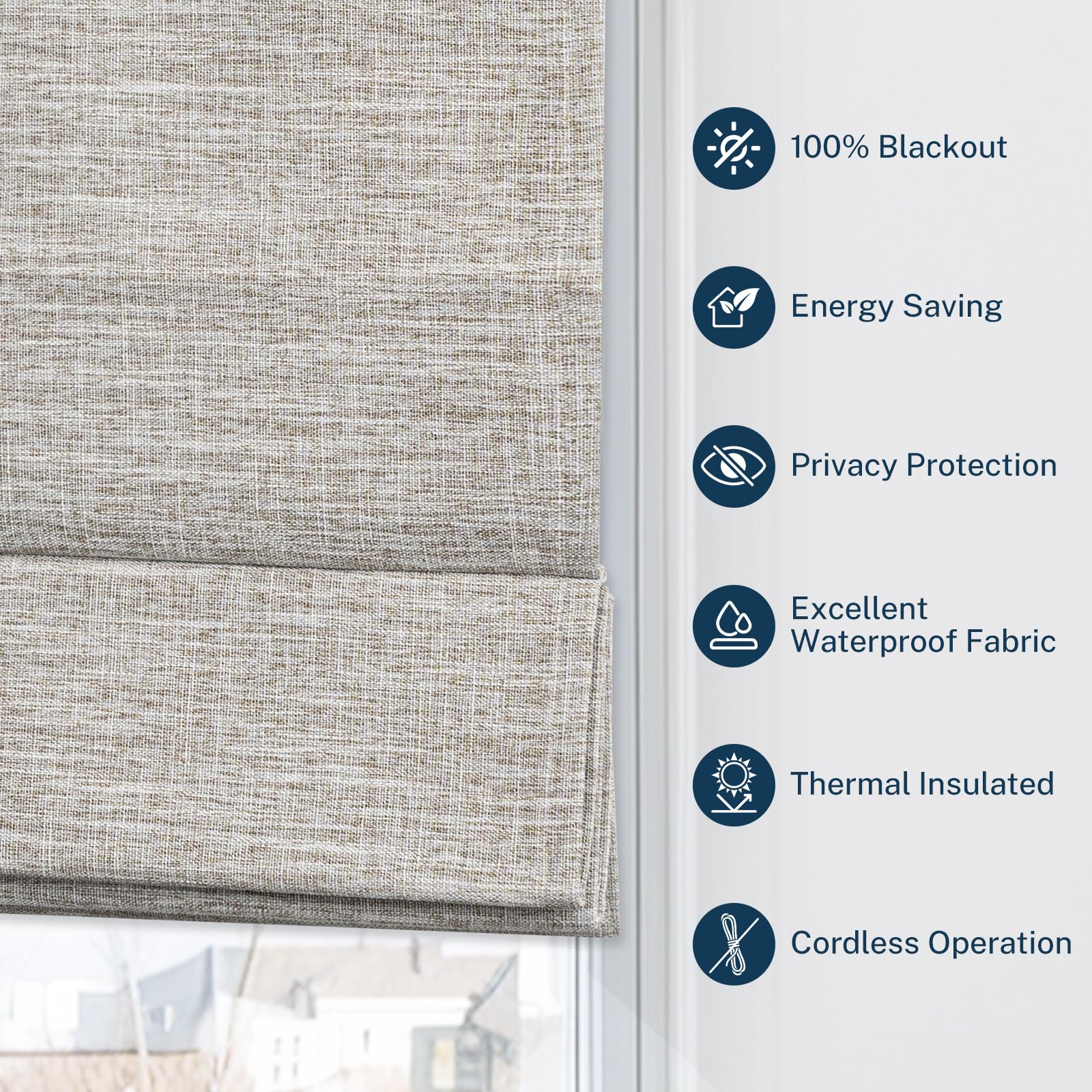 Pasoun Cordless Roman Shades Custom Blackout Shades, Waterproof Fabric Roman Blinds for Indoor Windows, Pull Down Thermal Insulated Blinds for Home Bedroom (Almond, 34