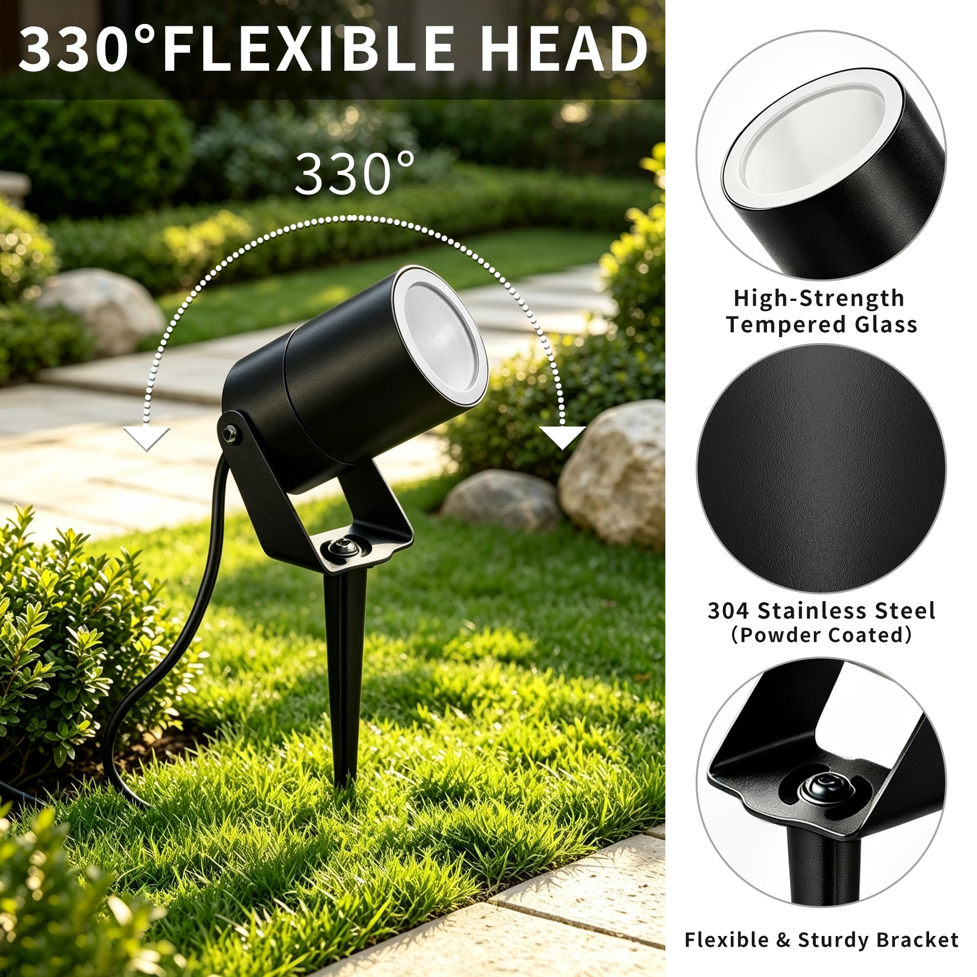 LED Gartenstrahler mit Erdspieß 230V GU10 IP65 Wasserdicht Außen | IP65 Edelstahl Gartenleuchte Gartenbeleuchtung mit Strom Inkl. 5W 3000K GU10 Glühbirne, 2m Kabel mit Stecker, 4Stück-Schwarz