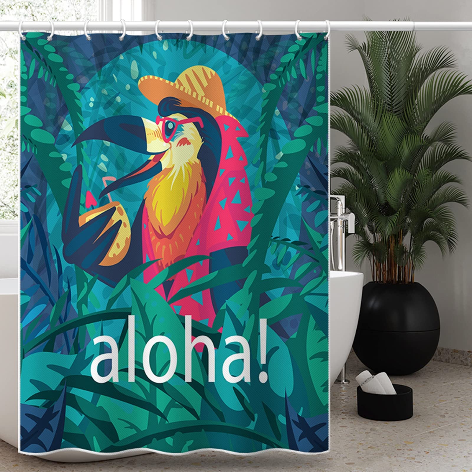 Rideau de douche grande largeur 240x200 KnSam motif végétal imprimé oiseau pour salle de bain