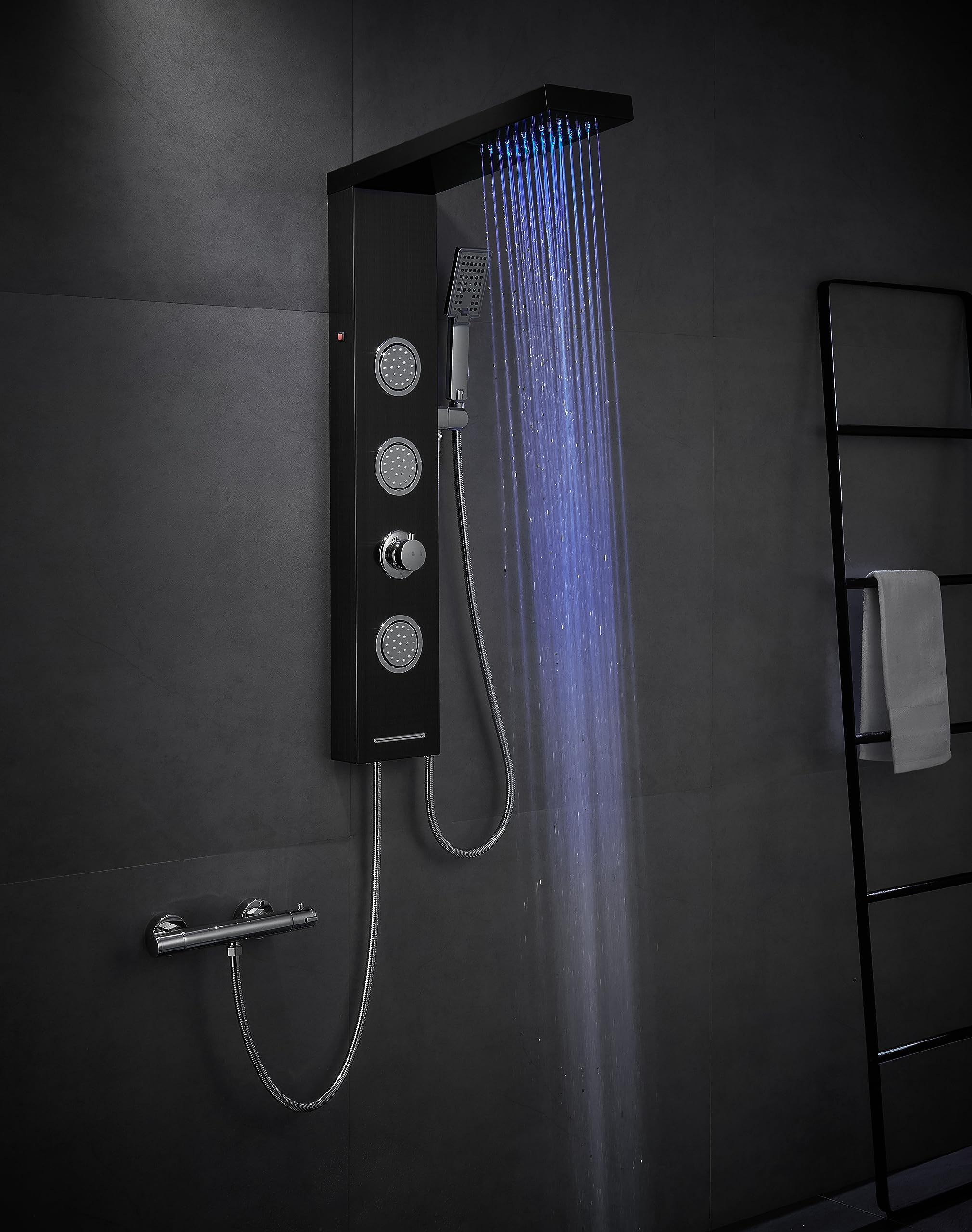 NAIZY Douchepaneel met kraan, 5-in-1 douchesysteem met ingebouwd rek, multifunctionele doucheset incl. handdouche, massagedouche, watervaldouche, regendouche, armatuur, 304 roestvrij staal, doucheset