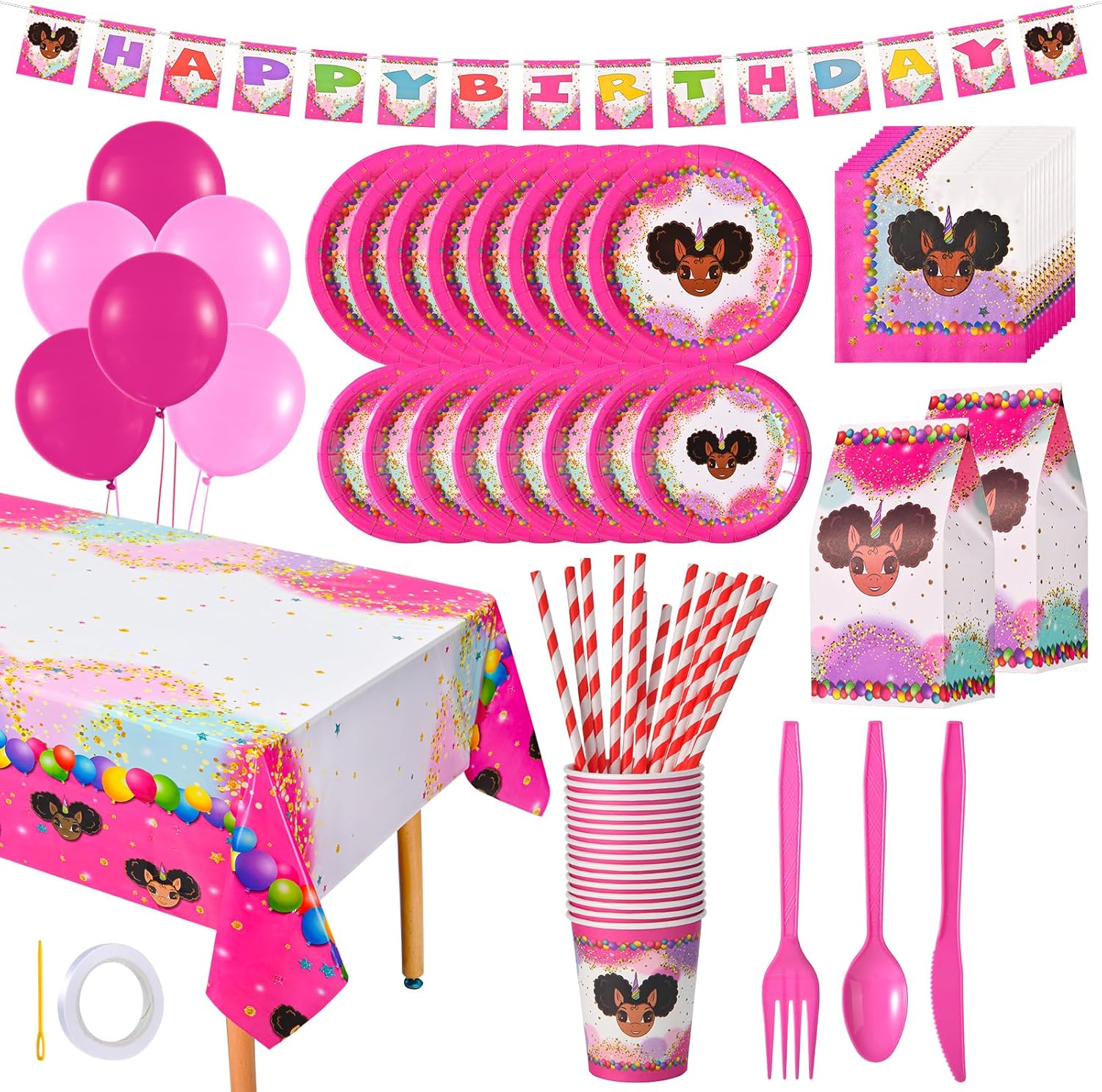 Favorite Faces Afro Puff Unicorn Birthday Party in a Box for 15 guests - Bubblegum Pink