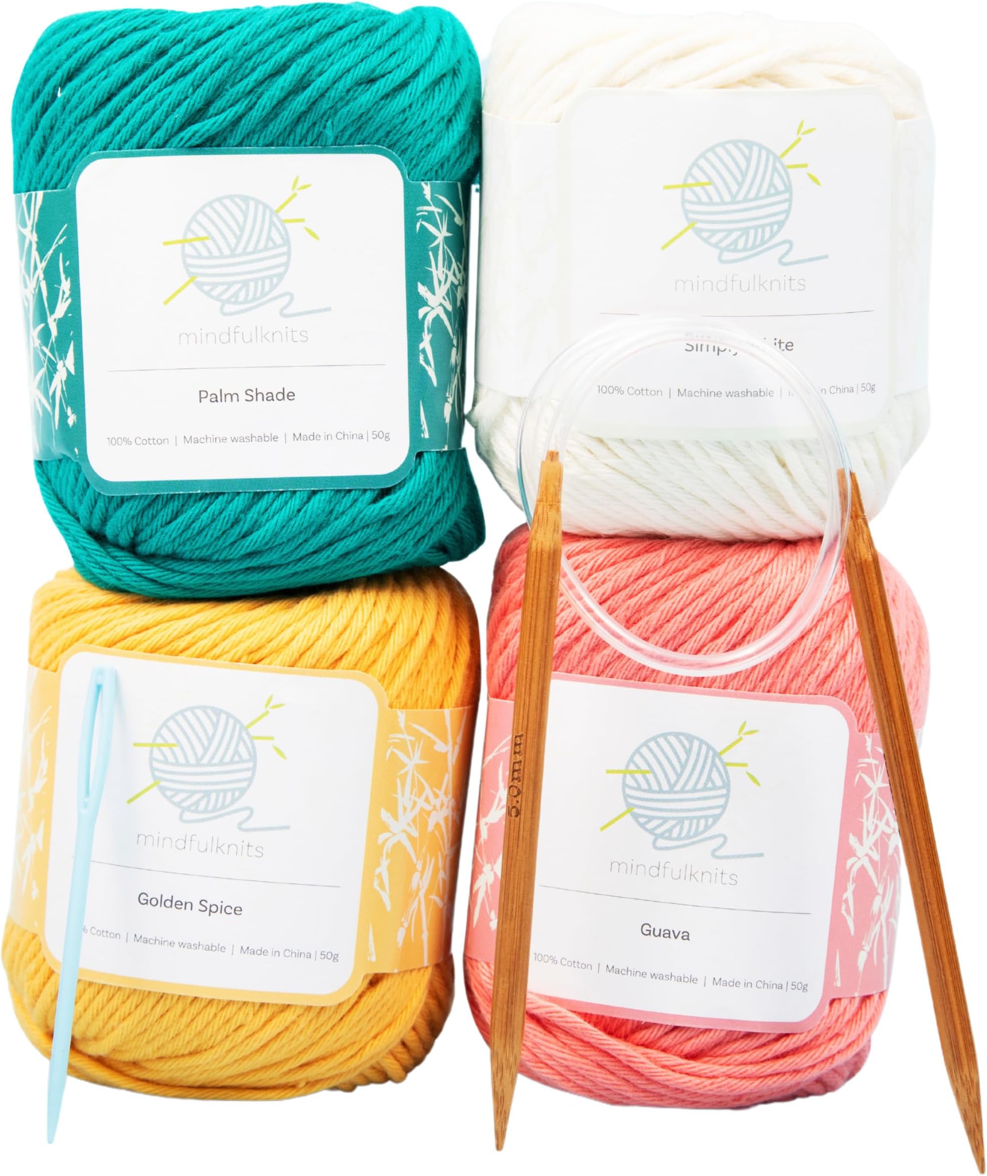 mindfulknits Beginner’s Knitting Kit with Knitting Needles, Yarn Needles & 100% Cotton Knitting Yarn (4) – Make Washcloths Tropical Beginners Basic Knitting Supplies Set for Relaxation & Stress Relief