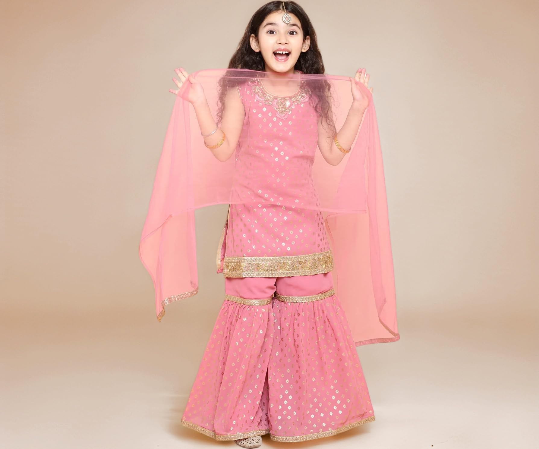 AJ DEZINES Girls Sharara Kurta Set | Georgette Sleeveless Kurti Set | Ethnic Wear for Girls | Foil Printed Sharara Suit | Stylish Kids Kurta for Festivals Weddings & Special Occasions