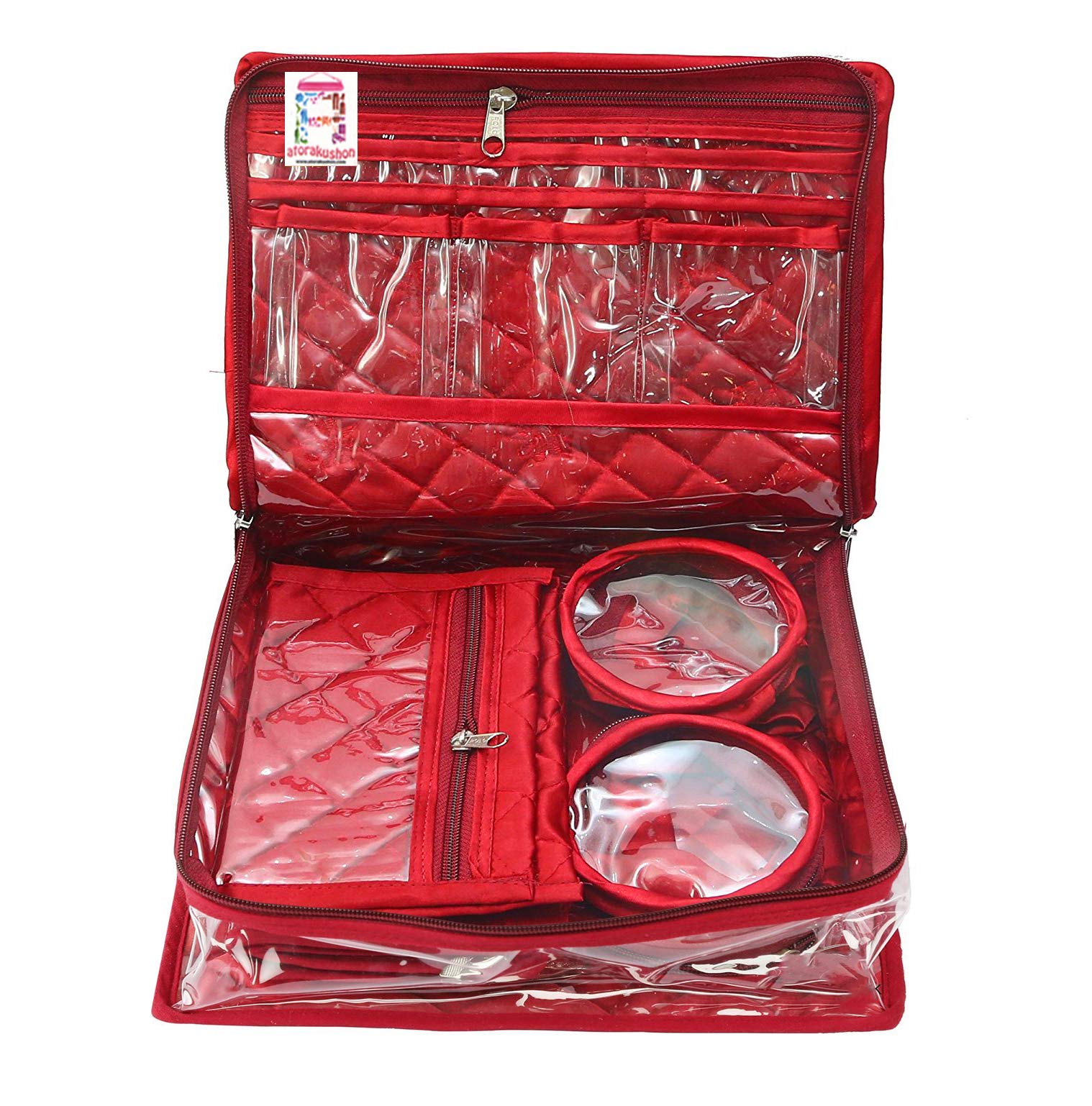 atorakushon Satin Maroon Multipurpose Make Up Jewellery Cosmetic Organizer Necklace Pouches Traveling Kit for Women's, 20 Cm 1
