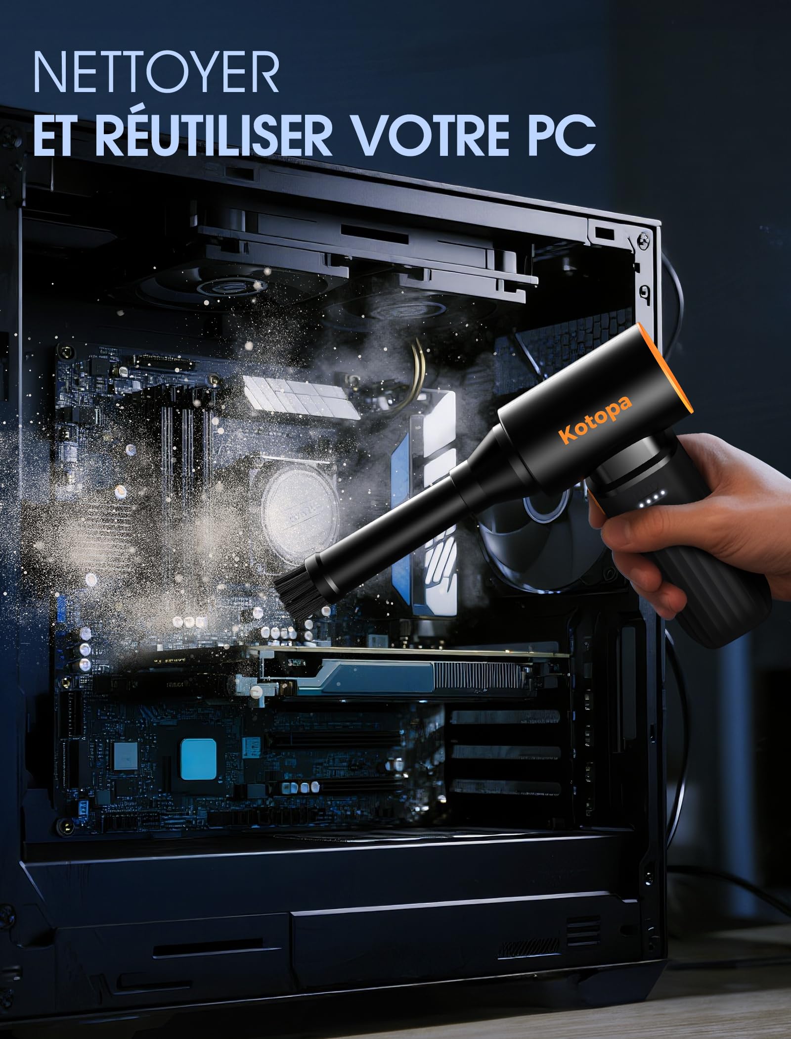 Kotopa Souffleur Air Comprimé, 3 Vitesses 200000 RPM, Mini Souffleur Sans Fil Puissant avec Batterie 8000 mAh, Adapté au Nettoyage des Ordinateurs, Claviers, Automobile et Extérieur (noir)