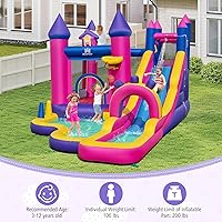 Vista 8 de BOUNTECH Tobogán acuático inflable, parque acuático de princesa con tobogán largo, área de salto, pared de escalada, piscina de chapoteo, aro