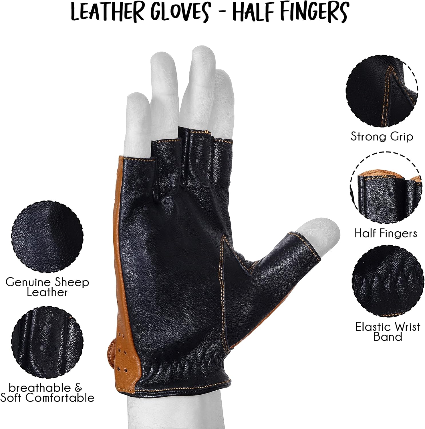 Genuine Lambskin leather motorcycle half finger Gloves