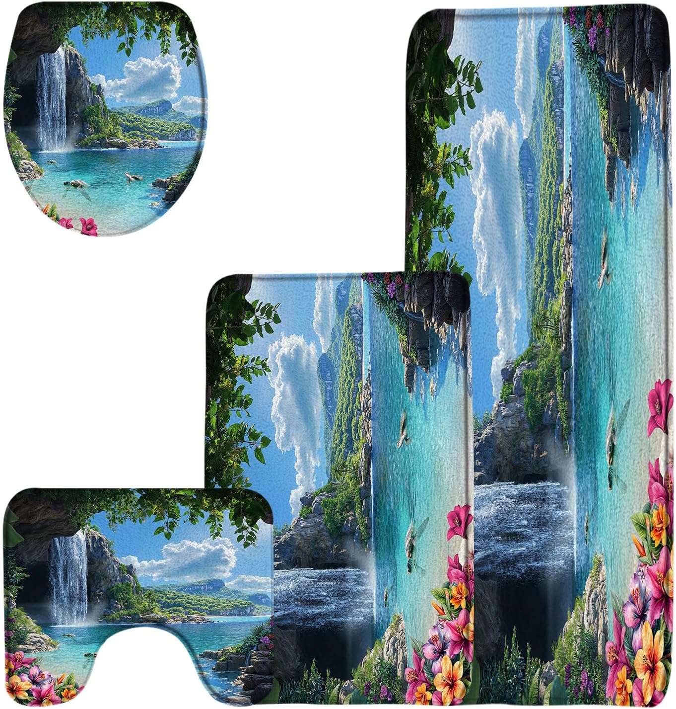 4 Pieces Waterfall Coastal Bathroom Rug Sets Sea Turtle Tropical Rainforest Beach Flower Leaves Mountain 24"x36"and 24"x48"Bath Mats,Toilet Cover,U-Shaped Toilet Mat