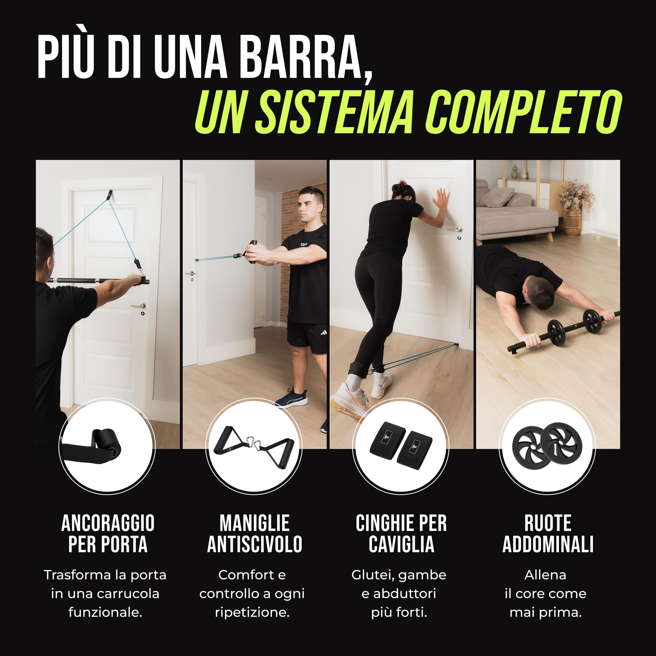 Elastici Fitness con Barra | Bande di Resistenza fino a 100 kg | Kit Allenamento a Casa Completo | Workout Efficace per Tutto il Corpo | TRAINEX