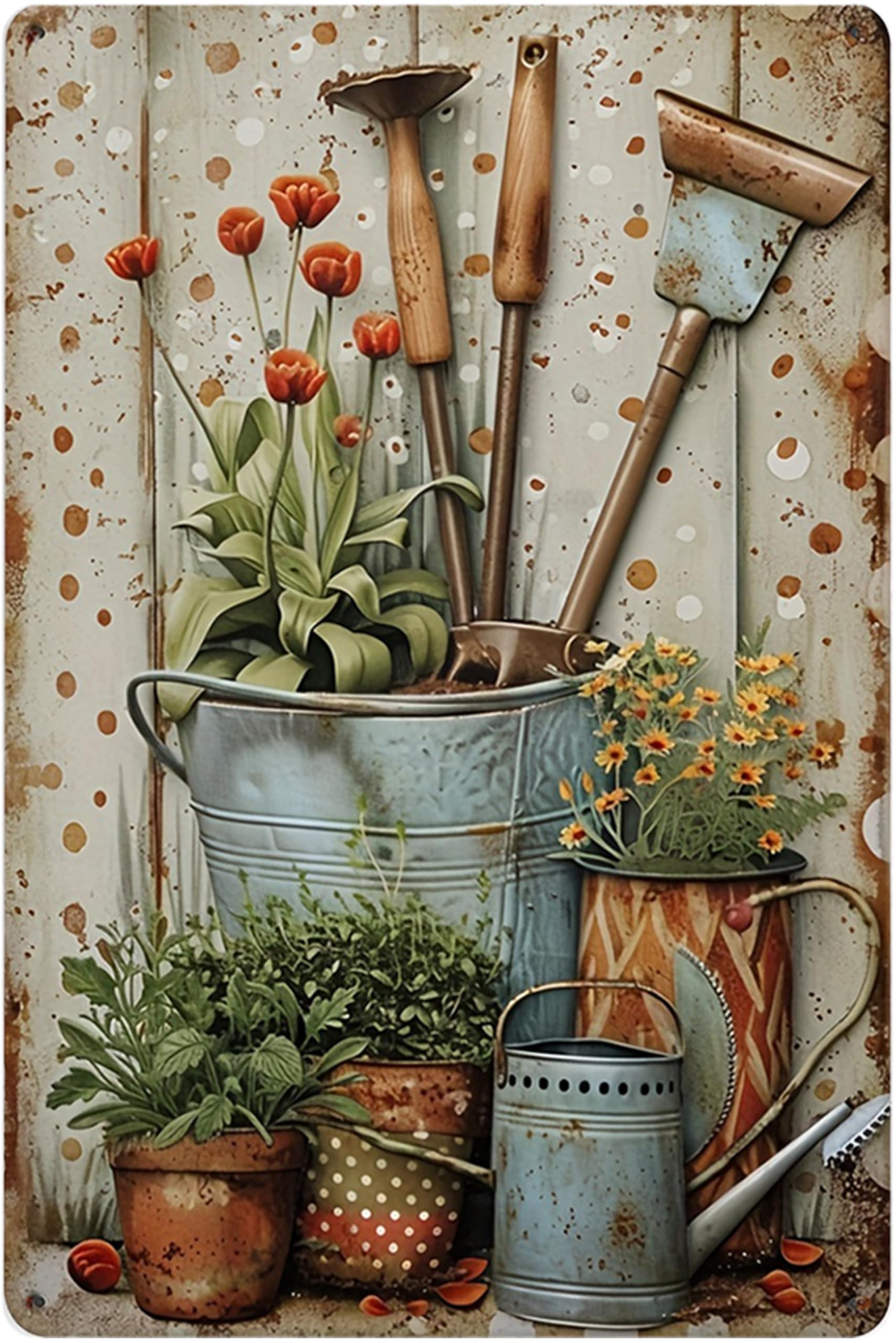 Vintage Garden Tin Sign,Retro Flower Metal Sign,for Home Greenhouse Yard Outdoor Cottage Bedroom Decor,Gardening Gifts 8X12 Inch (Rustic Garden Tools)