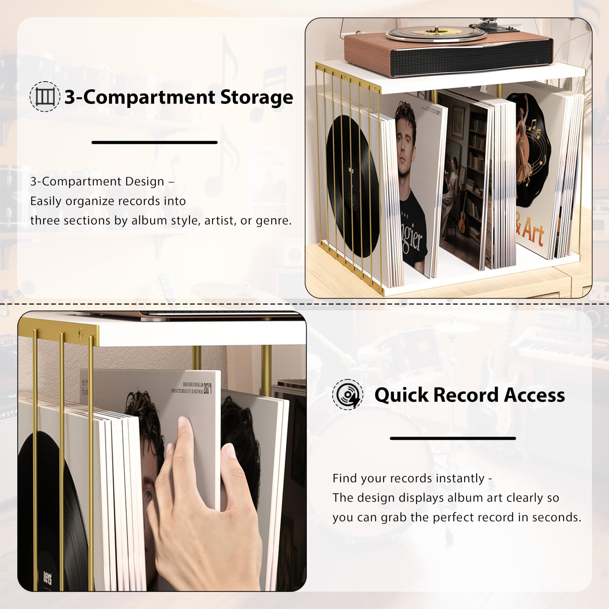 Caisse à vinyles en bois, support vinyles, style vintage multifonctionnel Meuble pour vinyle avec 3 compartiments, support tourne-disque vinyle jusqu'à 100 albums, pour salon ou bureau (blanc)