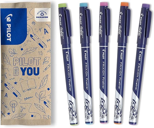 Pilot Frixion Fineliner Erasable Fineliner Set of 5 (Light Green, Light Blue, Pink, Orange, Purple)