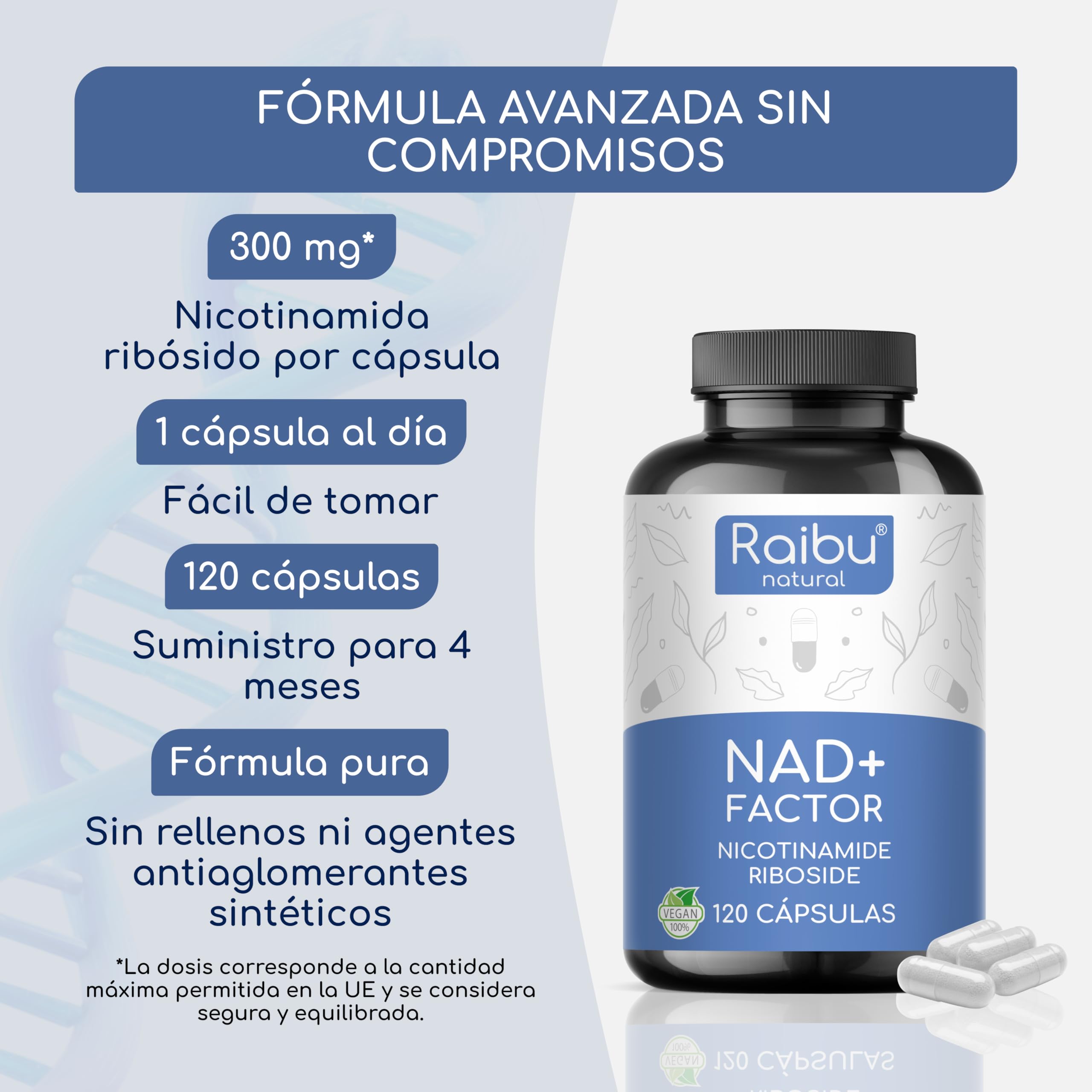 RAIBU 100% Pure NAD+, 300 mg Nicotinamide Riboside (NR) Per Capsule - 4 MONTH Supply - Anti-Aging & Fatigue, NAD Booster - No Separating Agents, Gluten Free, Vegan - 120 Capsules in use