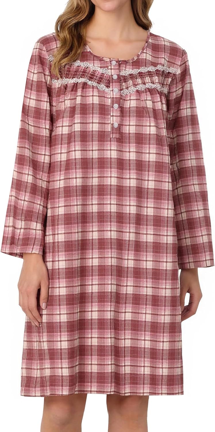 AVIIER Long Sleeve Nightgowns for Women Soft Cotton Night Gwon with Pockets