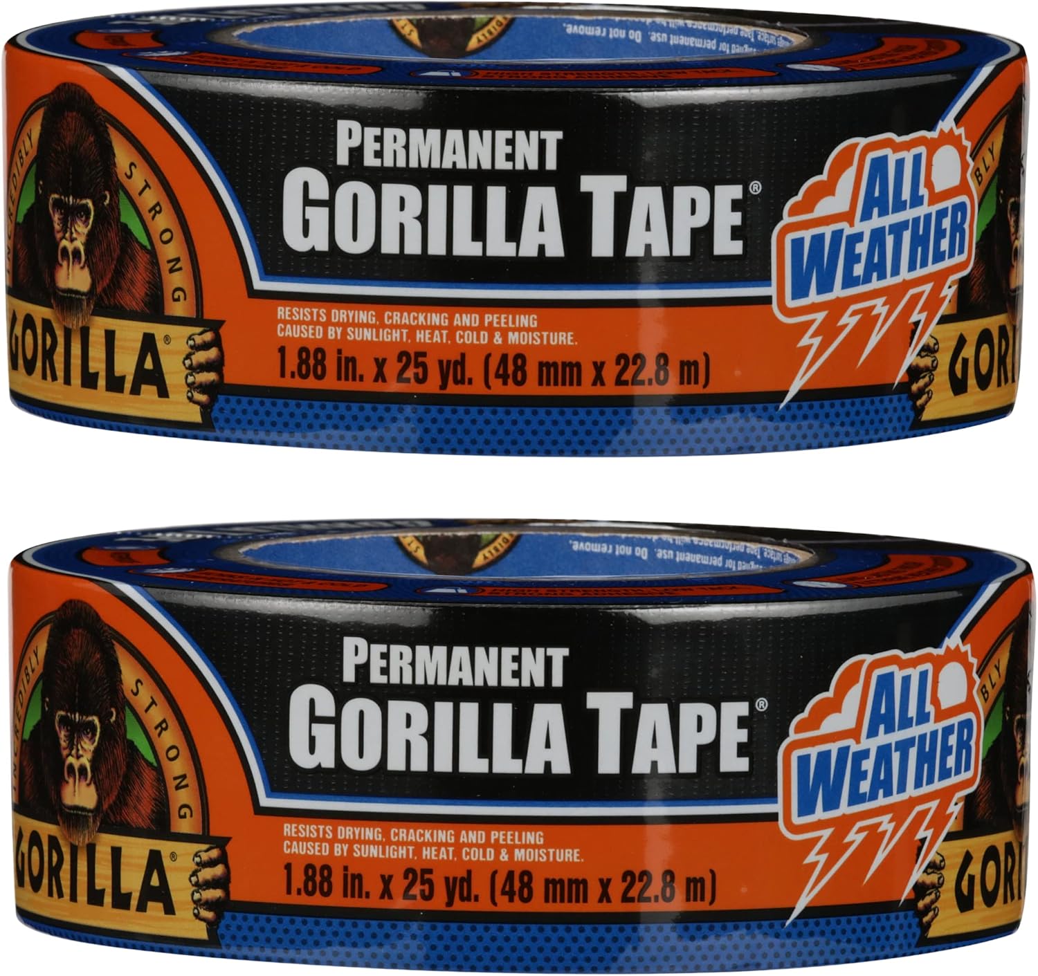 Gorilla All Weather Outdoor Waterproof Duct Tape, UV and Temperature Resistant, 1.88" x 25 yd, Black, (Pack of 2) & Crystal Clear Repair Duct Tape, 1.88” x 18 yd, Clear, (Pack of 1)