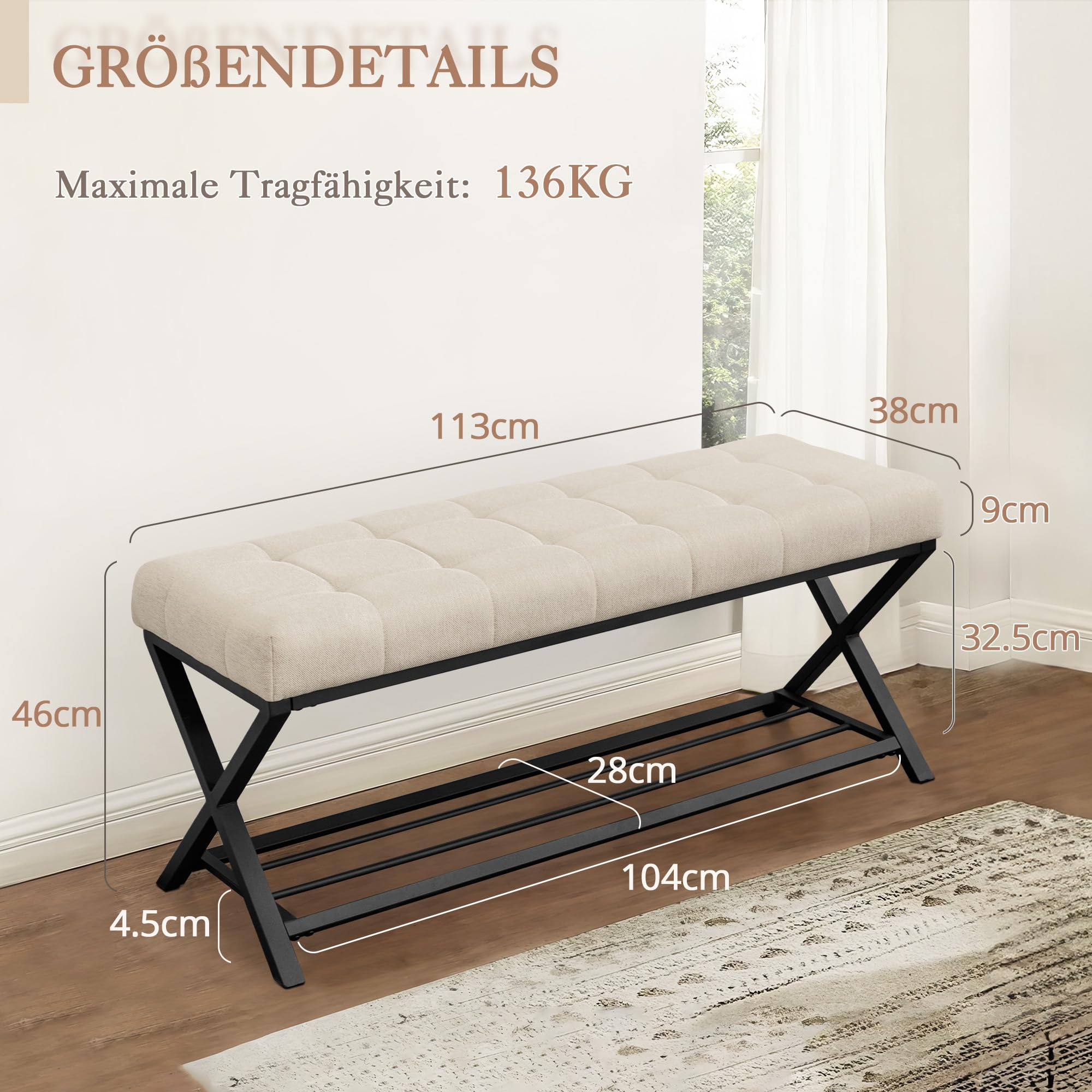 LUE BONA Schuhbank,Schuhbank mit Sitzfläche,Schuhbank mit Sitzbank und Leinen Gepolstertem,Sitzbank Flur mit Metallrahmen für Eingangsbereich,Wohnzimmer,Flur,113 x 38 x 46 cm,Leinen