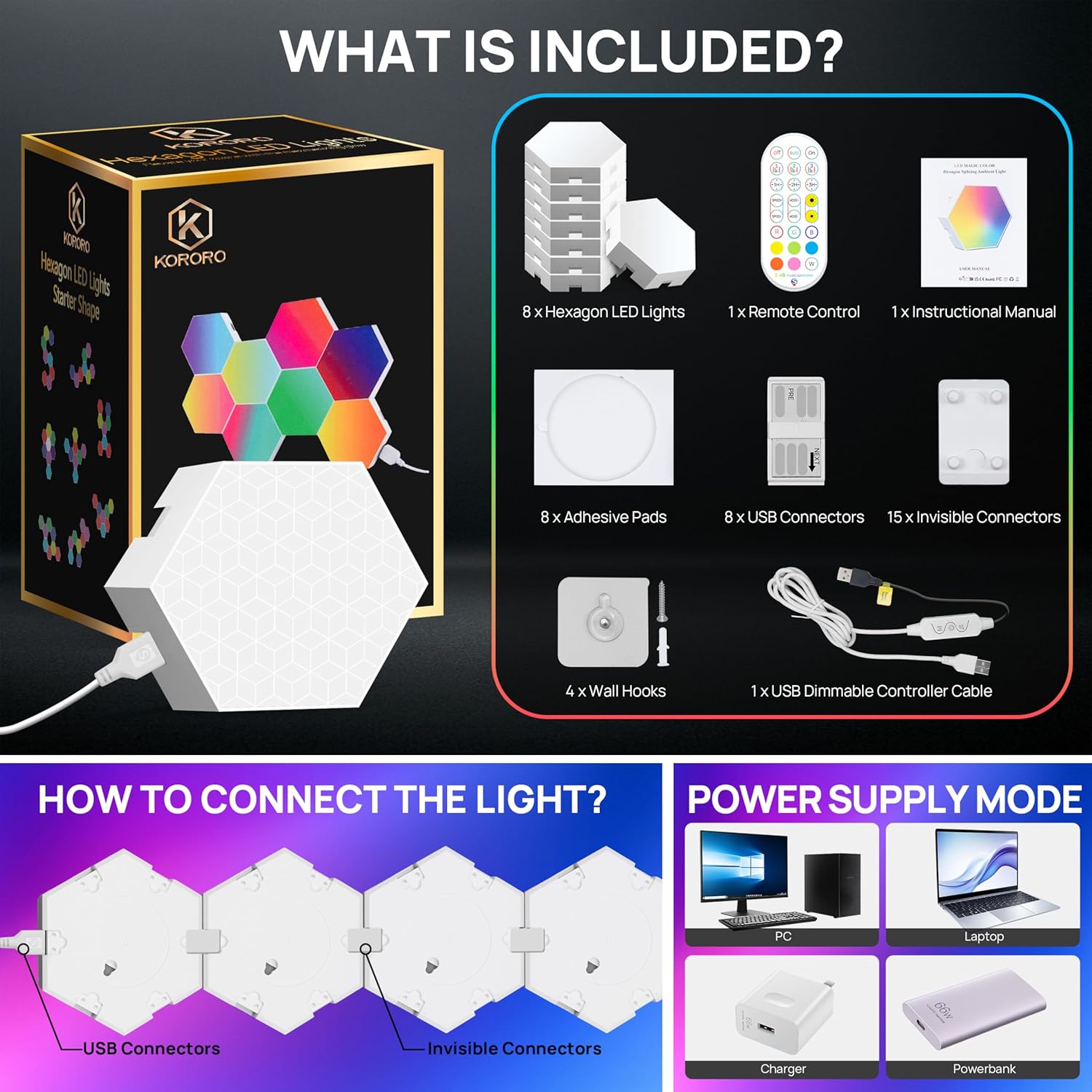 KORORO Hexagon LED Lights - 8 Pack Smart APP RGB Gaming Light with Remote Control & Music Sync Honeycomb Shape Hex Lights for Bedroom, Living Room Wall, Gaming Decor - Image 8