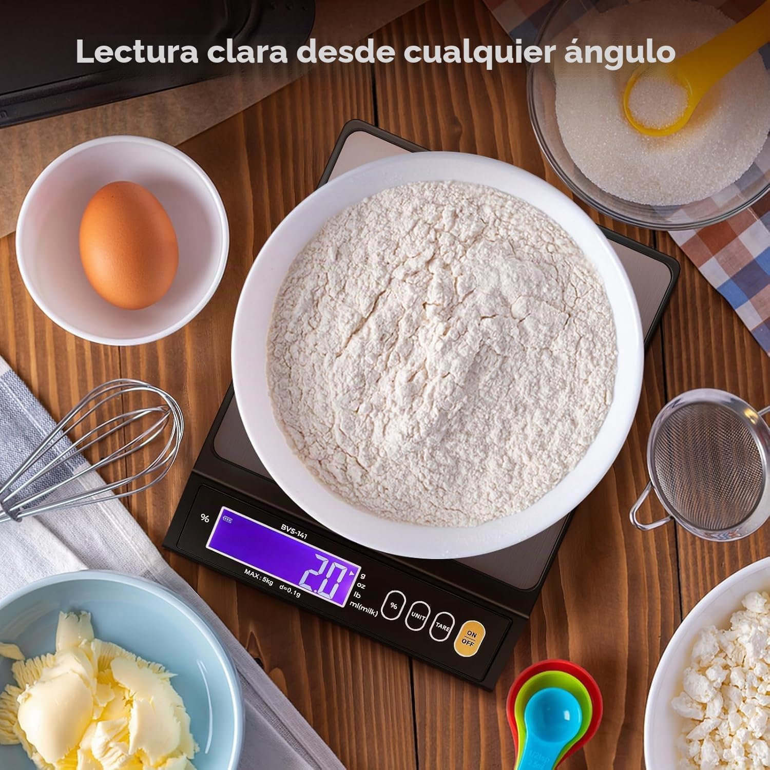 Bonvoisin 0.1 gr/ 5 kg Báscula de Cocina Digital con Función de Porcentaje | Alta Precisión Pesa Alimentos, Tara, Pesa en Gramos, Libras y Onzas, Ideal para Velas, Jabones y Pan de Masa Madre