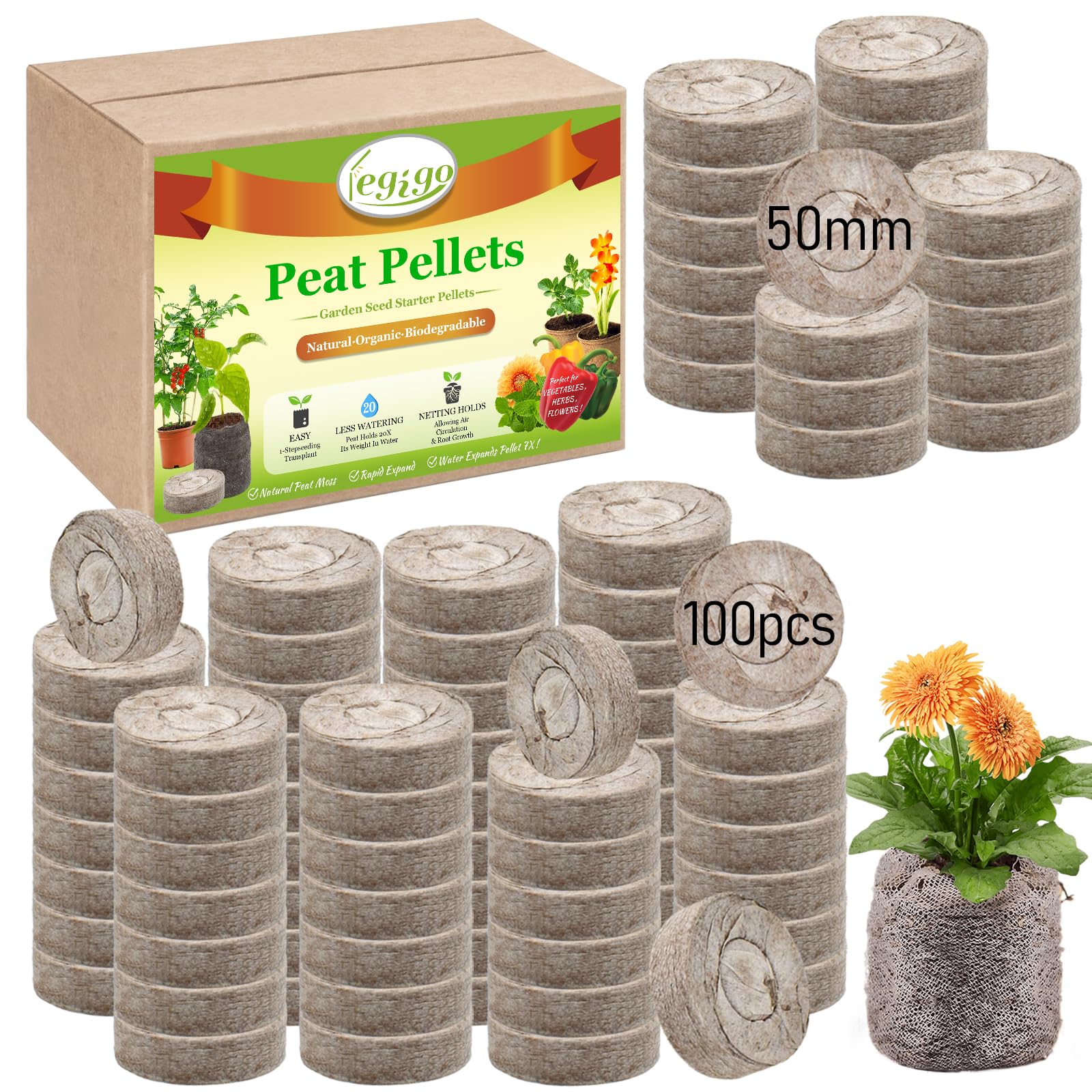 Legigo 100 Pcs 50mm Seed Starter Peat Pellets Pods for Seedlings- Compressed Seed Starting Pellets Seed Starter Pods Plugs Soil Peat Pods for Starting Seeds, Garden Planting Herb Flower Vegetables