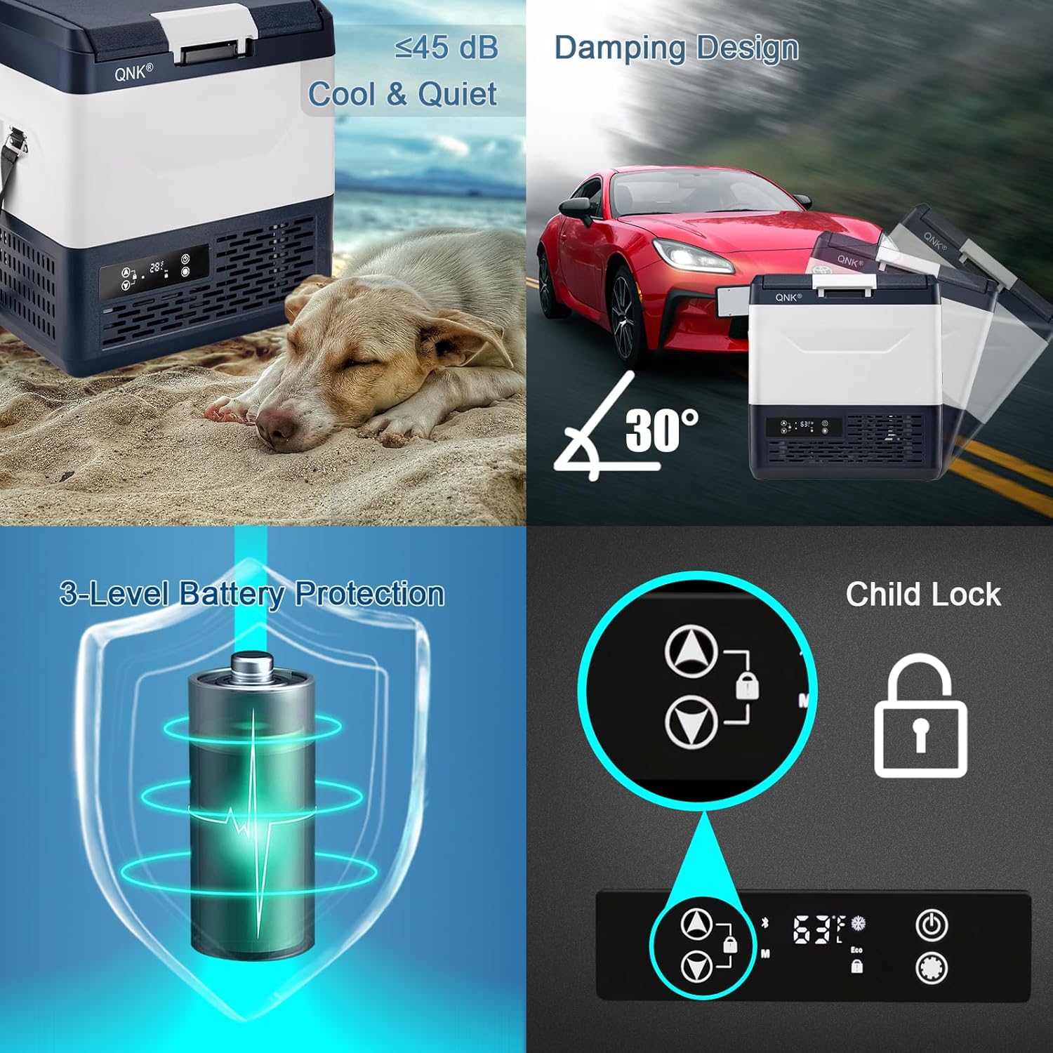 Features of QNK EF15: quiet operation, damping design, 3-level battery protection, and child lock