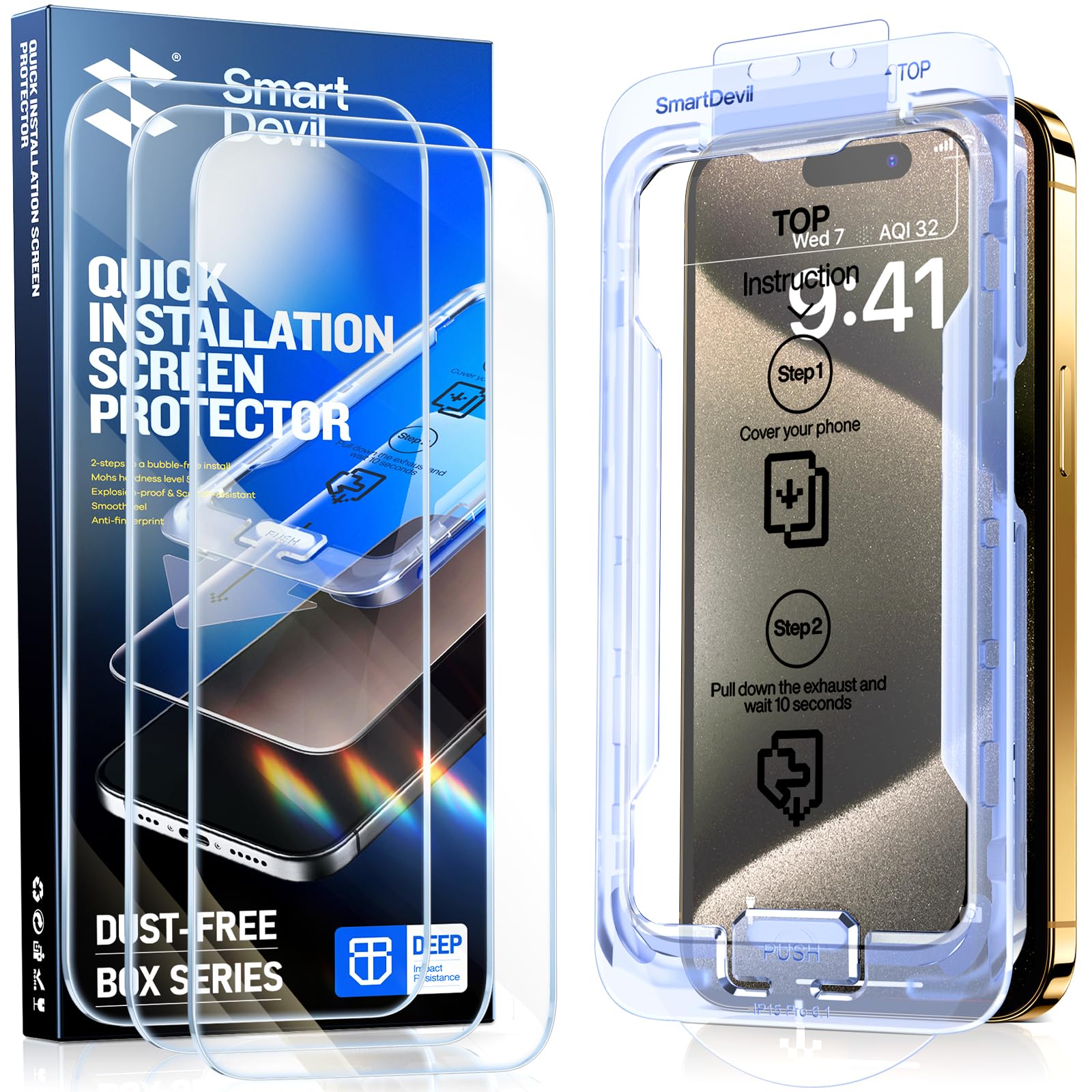 SmartDevil 3 Pack Screen Protectors for iPhone 15 (6.1 Inch) Tempered Glass, HD Clear Film, Easy Installation, Dust-Free & Bubble-Free