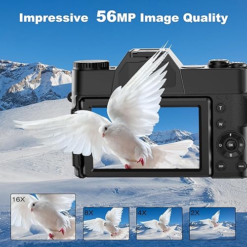 Miniatura 2 de Cámara digital 4K, cámara de vlogging de 56 MP con pantalla abatible de 3 pulgadas de 180 grados, zoom 16X de enfoque automático y cámara digital