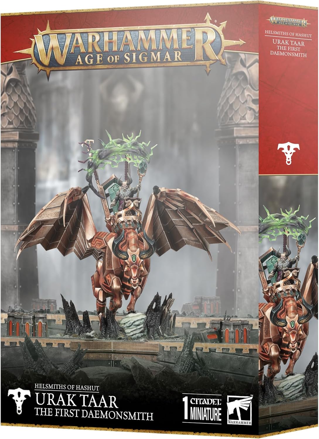 Warhammer Age of Sigmar Urak Taar The First Daemonsmith – Mounted Infernal Taurus Plastic Miniature Kit, 76 Components, 130mm Round Base – Unpainted