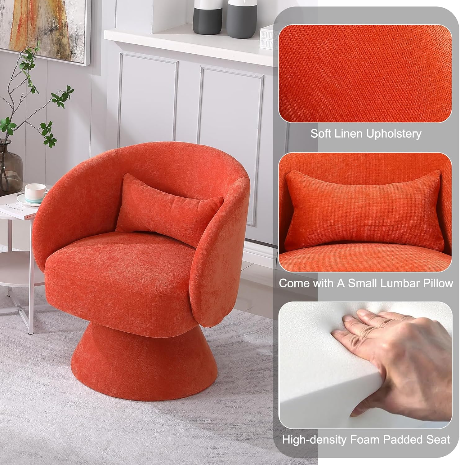 Orange Linen Swivel Barrel Chair with Pillow