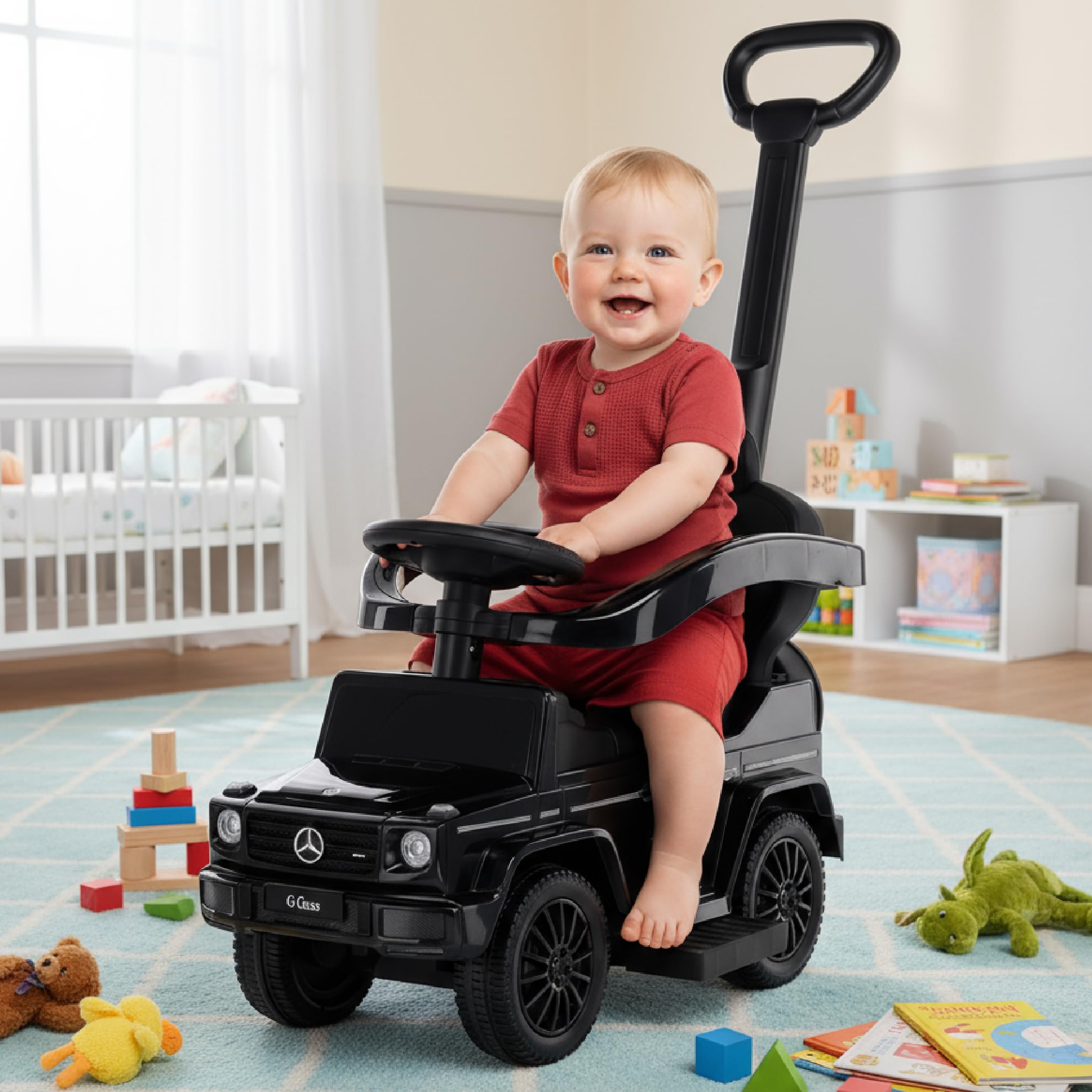 Rutschauto ab 1 Jahr mit Schubstange, Mercedes G mit Schubstange, Kinderauto, Baby Auto (Schwarz)