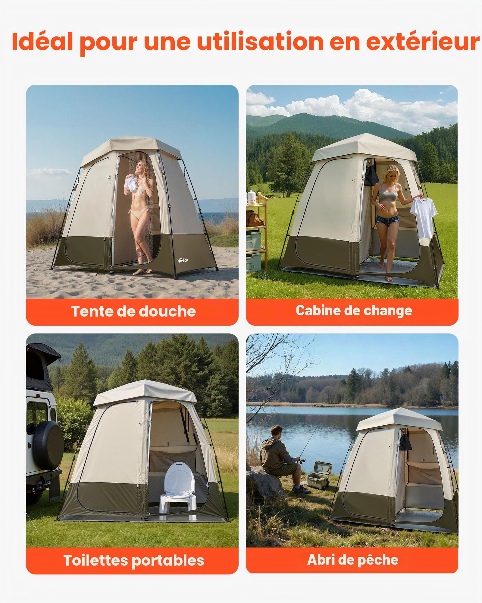 VEVOR Rideau de Douche de Camping, 210,8 x 106,7 x 210,8 cm, 2 Chambres, Grand Rideau portatif extérieur, Rideau de confidentialité, avec Dessus détachable, Poches, Corde à Suspendre et