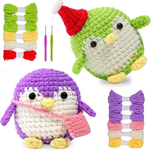 UOOU Paquete de 2 kits de ganchillo, kit de ganchillo de pingüino para principiantes con hilo fácil, tutoriales en video paso a paso, kit completo