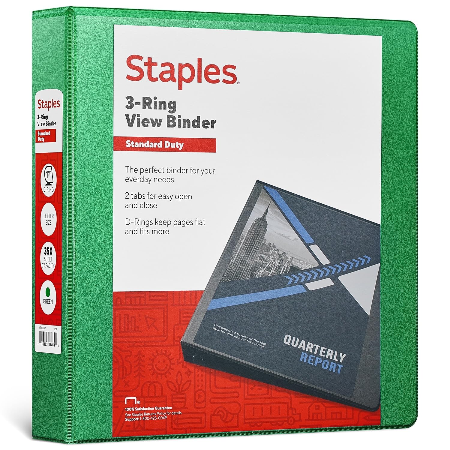 Staples Classeur standard 1,5 à 3 anneaux, vert
