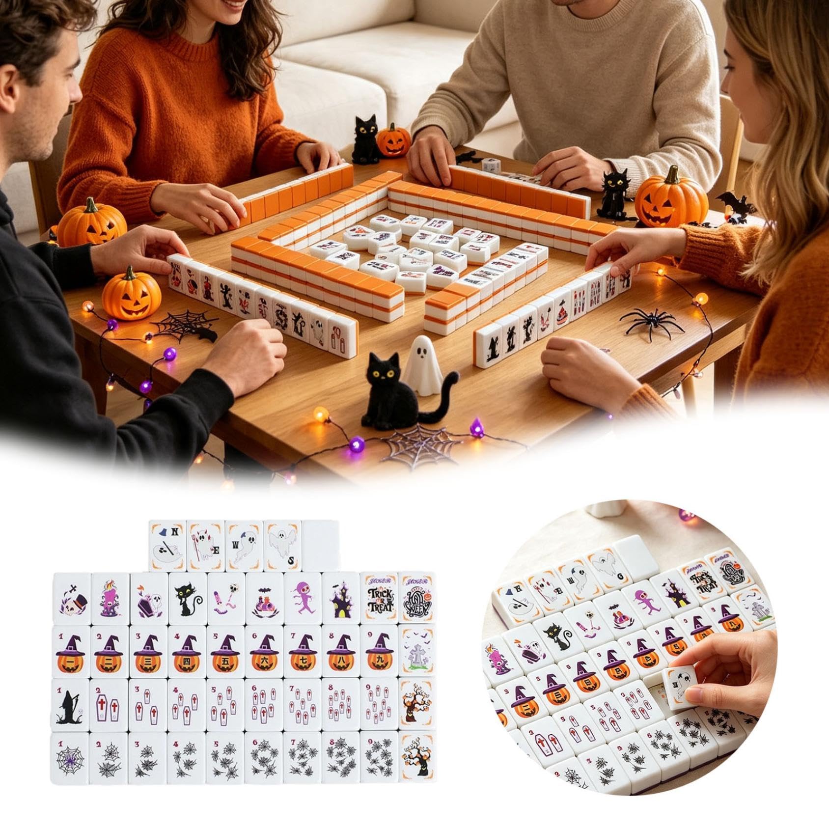 Générique 2026 Jeu De Tuiles À Associer Style Mahjong Thème Halloween Fantômes Citrouilles Sorcières Chats Noirs Mignons Araignées Enfants Adultes Soirée Familiale Divertissement
