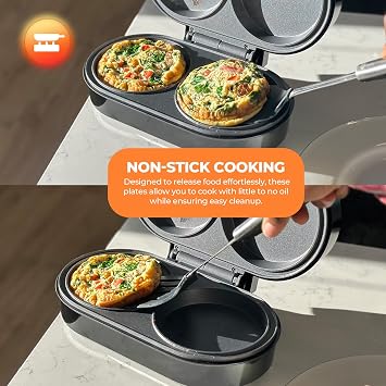 Schallen Electric Omelette Maker Healthy Eating Egg Pan | Non-Stick Coated Ceramic Plates | 2 Individual Cooking Plates with Cool Touch Handle | Stainless Steel | Black & Silver (Deep Fill)