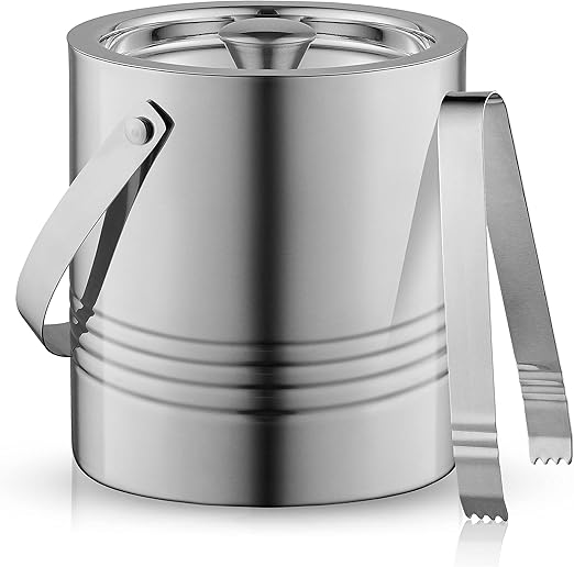 JoyJolt Metal Double Wall Ice Bucket with Lid, Ice Tongs and Strainer