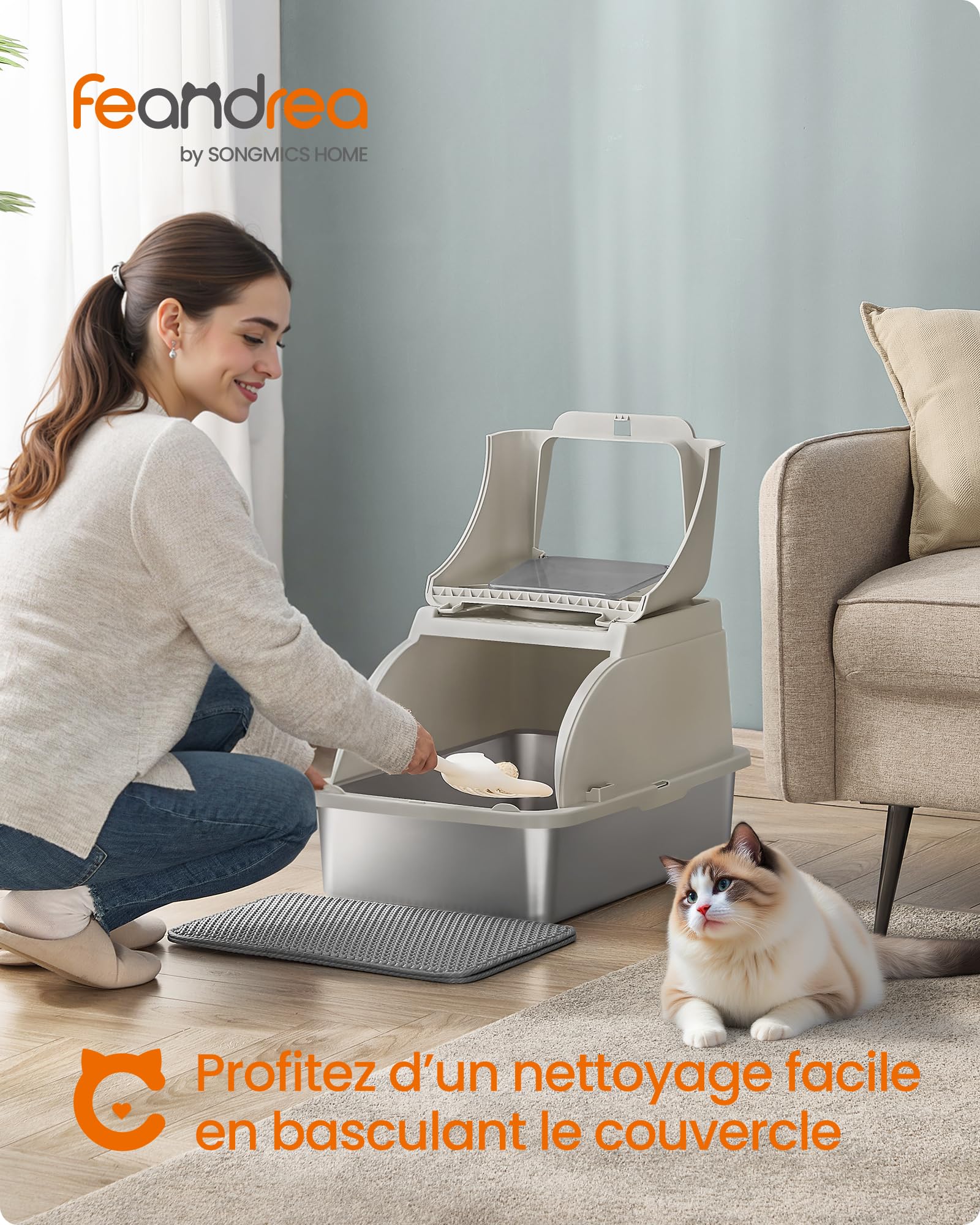 Feandrea Bac à Litière pour Chat, en Acier Inoxydable, avec Couvercle Basculant, Grande Taille, Design Étanche, Pelle, Brosse, Double Entrée, pour Chats Jusqu'à 15 kg, Beige Cappuccino PPT005K01