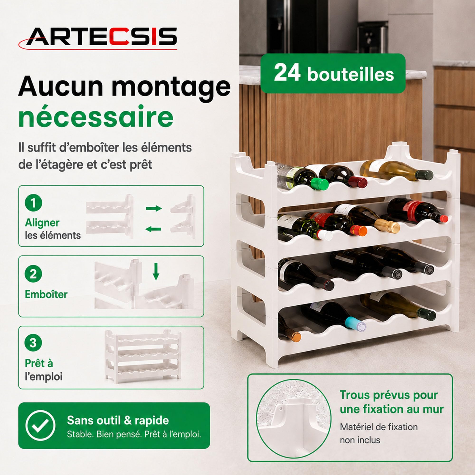 ARTECSIS Casier à Bouteilles, Étagère à Vin pour 24 Bouteilles, Range Bouteille Plastique Blanc, Hauteur de 54 cm