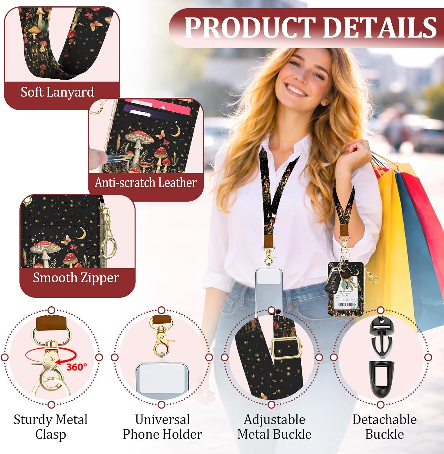 Lanyard Wallet with ID Badge Holder, Mushroom Butterfly Lanyard with ID Holder Zipper, RFID Card Holder for Women, Detachable Neck Lanyard Wrist Strap with Keychain for Nurse Doctor Teacher Gifts