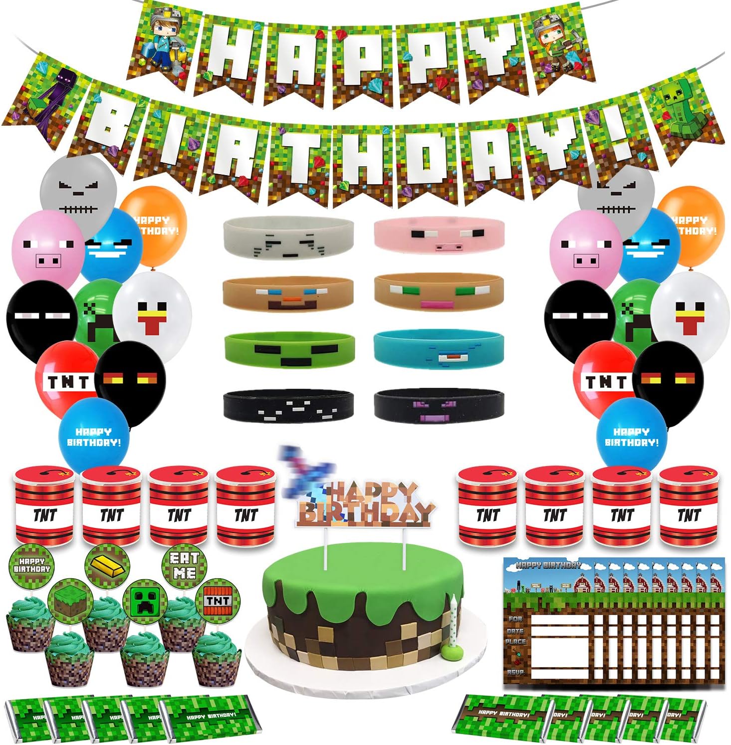 Pixel Style Gamer Party Supplies, Miner Theme Birthday Party Favors and Decors Set Includes Banner โ 20 Balloons โ Cake Topper โ 24 Cupcake Toppers โ 9 Party Hats - 20 Gift Tags