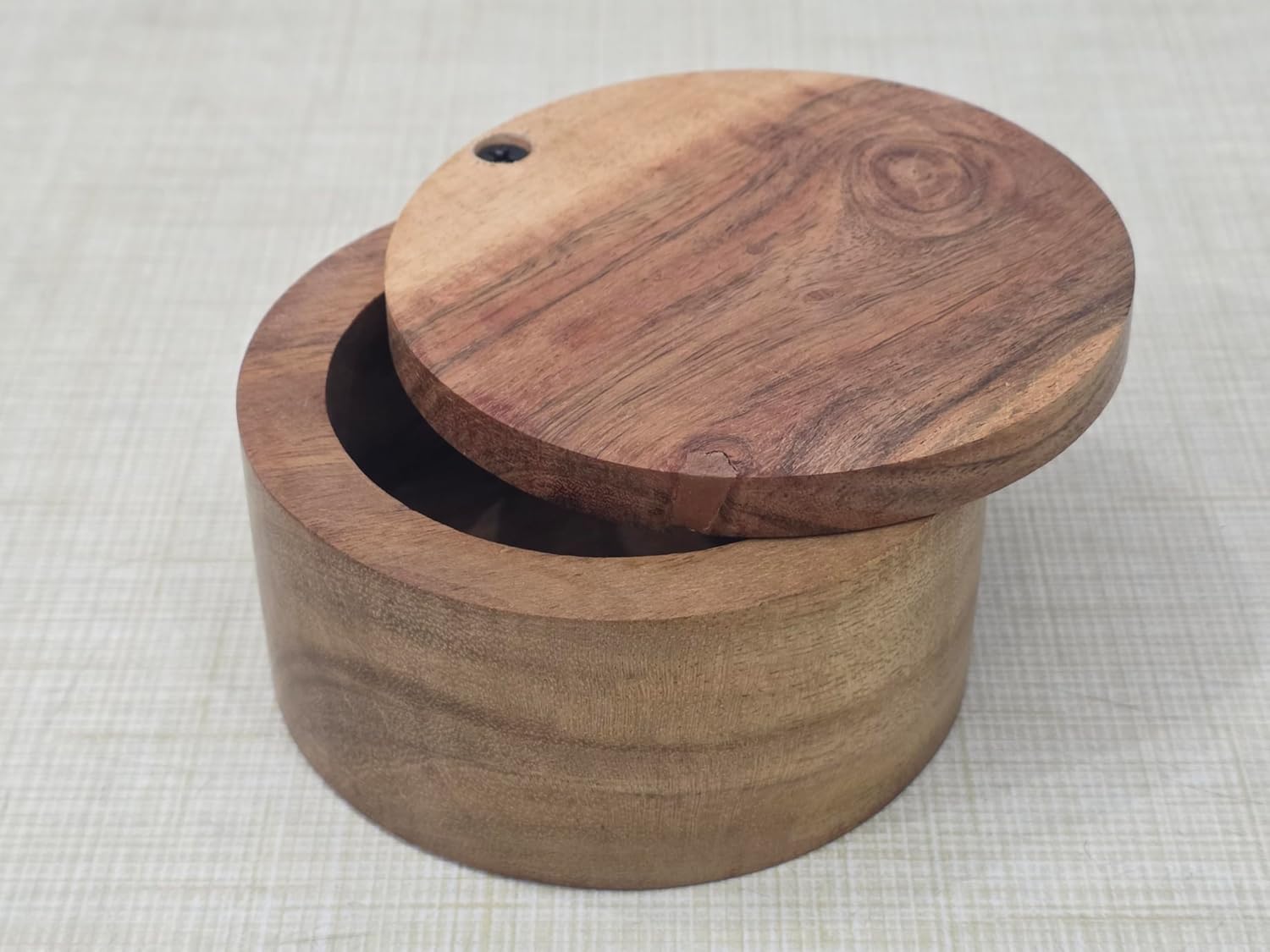 Acacia Wood Salt Cellar with Swivel Lid, Round Wooden Spice Box for Kitchen Storage, Natural Wood Finish image 2